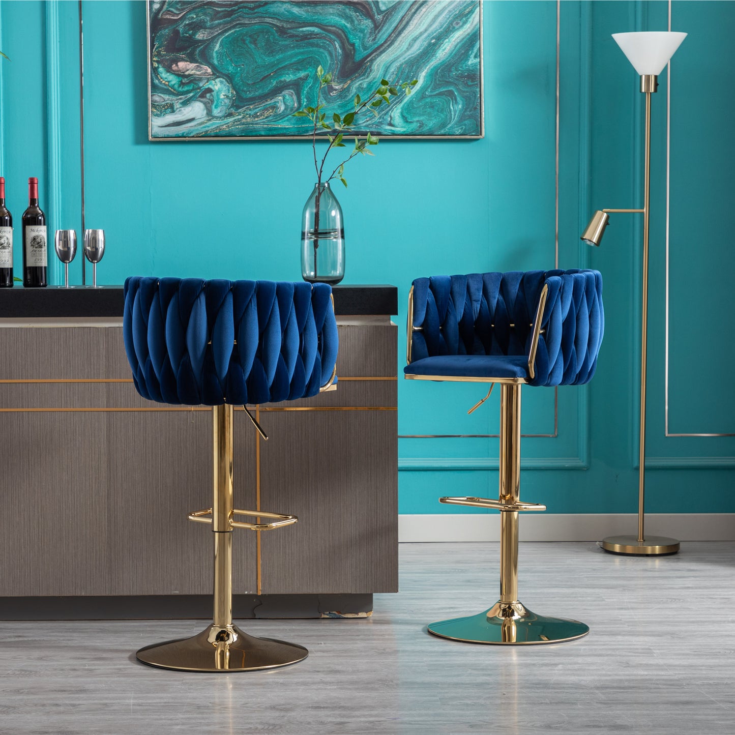 Set of 2 Bar Stools, Swivel Height Adjustable, Velvet with Chrome Footrest, Gold Legs, Modern Simple Design, Navy Blue