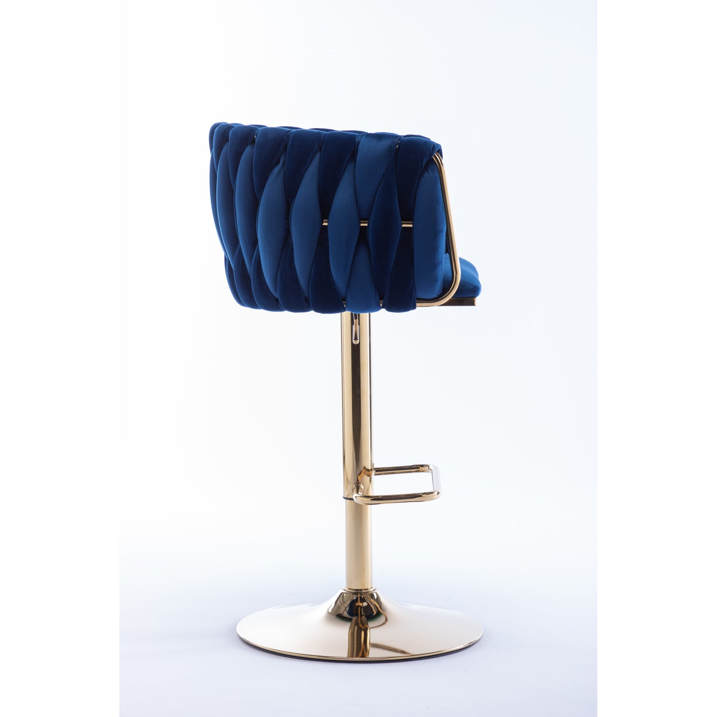 Set of 2 Bar Stools, Swivel Height Adjustable, Velvet with Chrome Footrest, Gold Legs, Modern Simple Design, Navy Blue