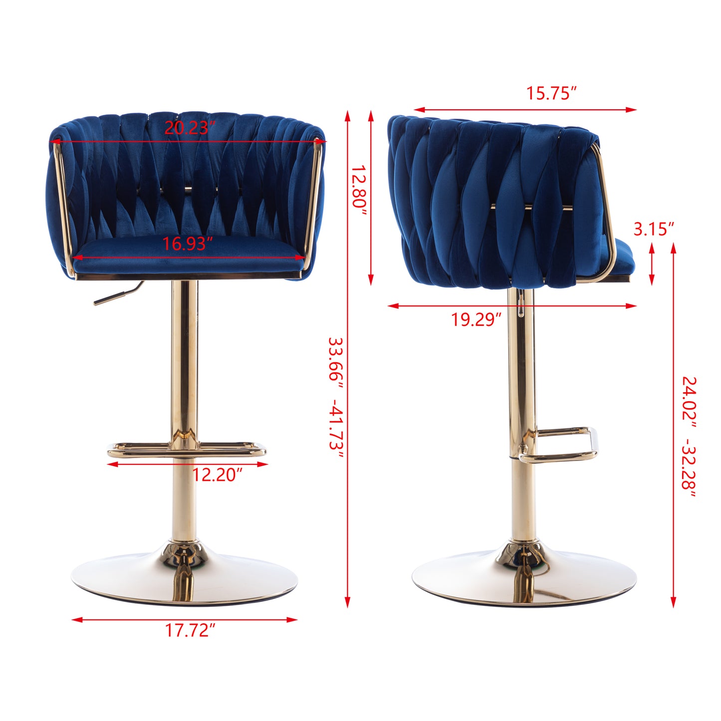 Set of 2 Bar Stools, Swivel Height Adjustable, Velvet with Chrome Footrest, Gold Legs, Modern Simple Design, Navy Blue