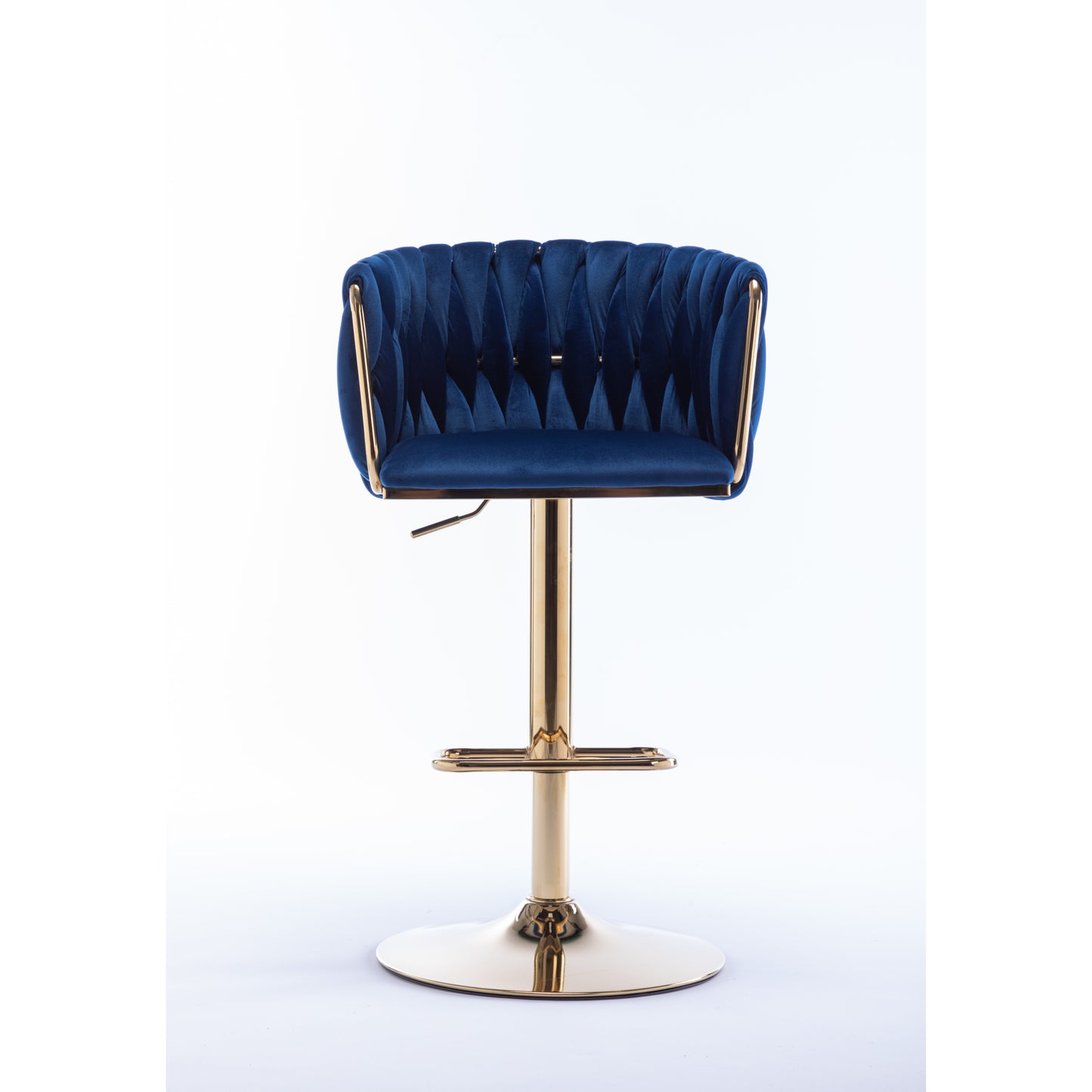Set of 2 Bar Stools, Swivel Height Adjustable, Velvet with Chrome Footrest, Gold Legs, Modern Simple Design, Navy Blue