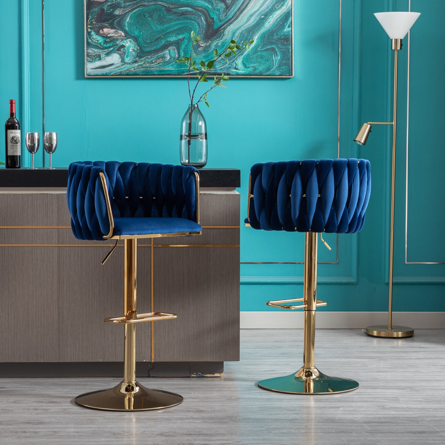Set of 2 Bar Stools, Swivel Height Adjustable, Velvet with Chrome Footrest, Gold Legs, Modern Simple Design, Navy Blue