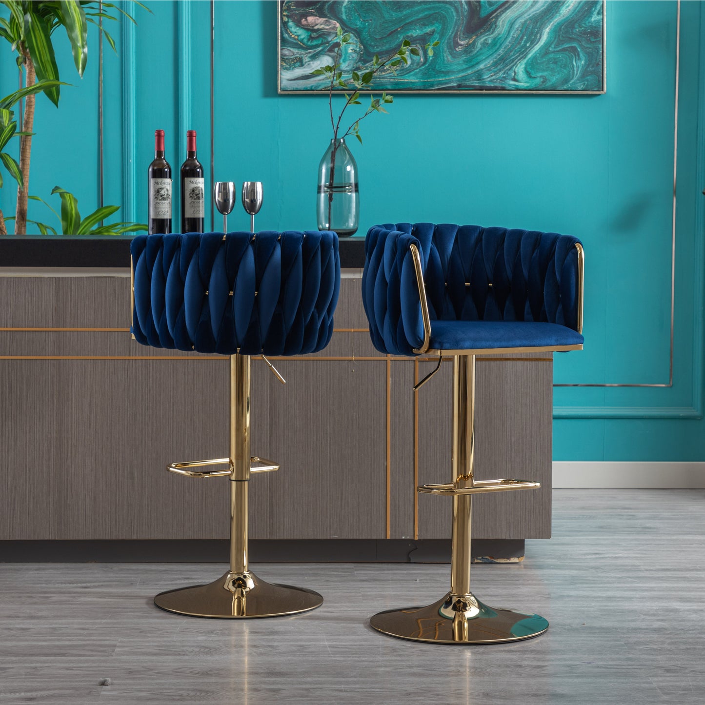 Set of 2 Bar Stools, Swivel Height Adjustable, Velvet with Chrome Footrest, Gold Legs, Modern Simple Design, Navy Blue
