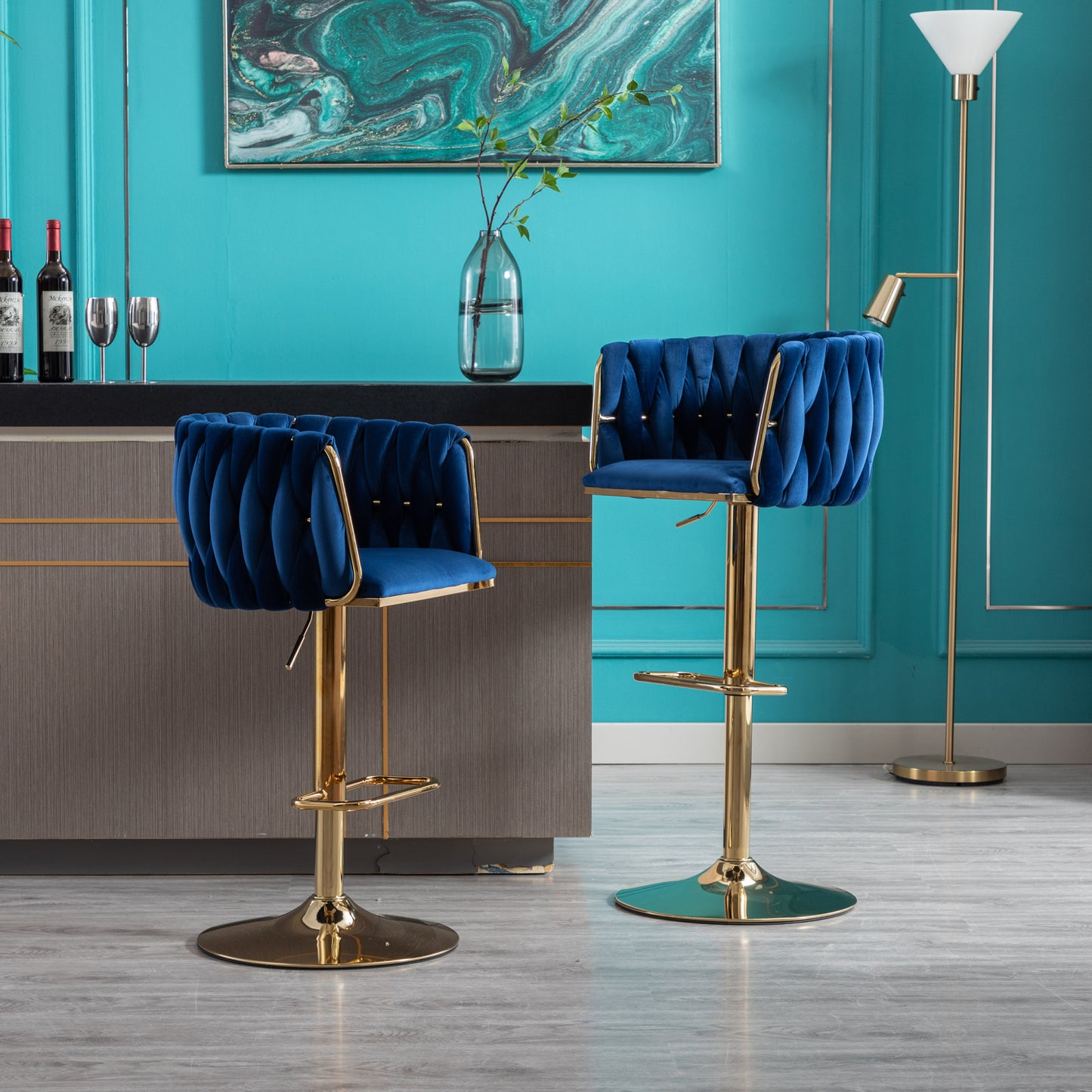 Set of 2 Bar Stools, Swivel Height Adjustable, Velvet with Chrome Footrest, Gold Legs, Modern Simple Design, Navy Blue