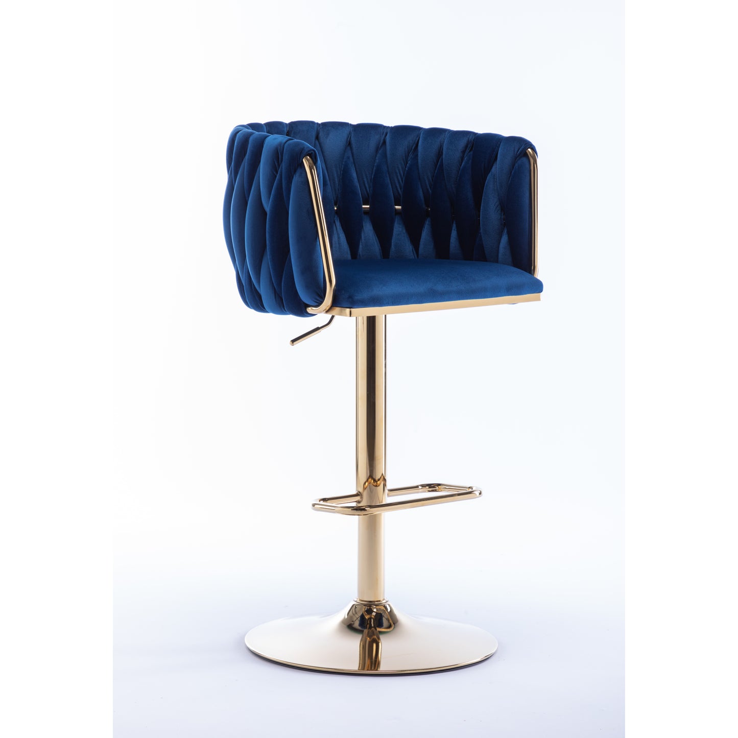 Set of 2 Bar Stools, Swivel Height Adjustable, Velvet with Chrome Footrest, Gold Legs, Modern Simple Design, Navy Blue