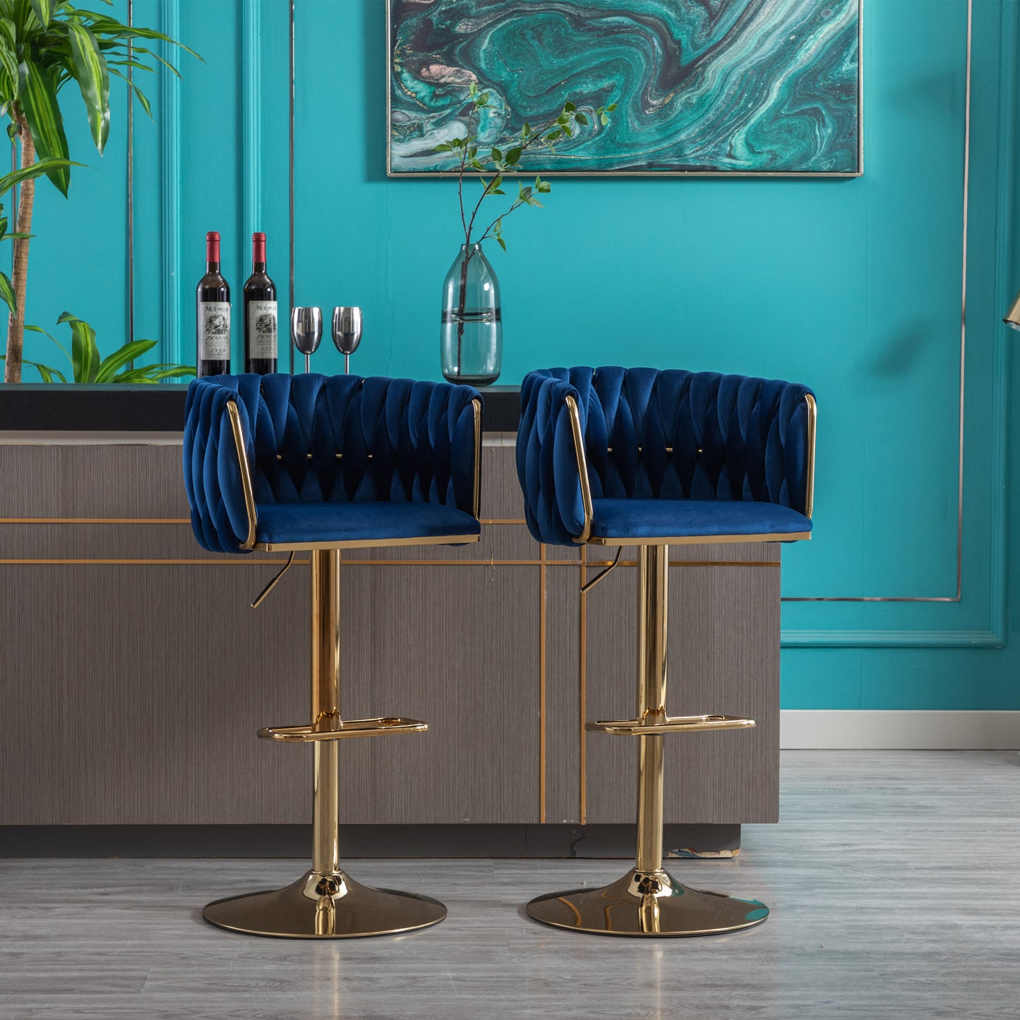 Set of 2 Bar Stools, Swivel Height Adjustable, Velvet with Chrome Footrest, Gold Legs, Modern Simple Design, Navy Blue