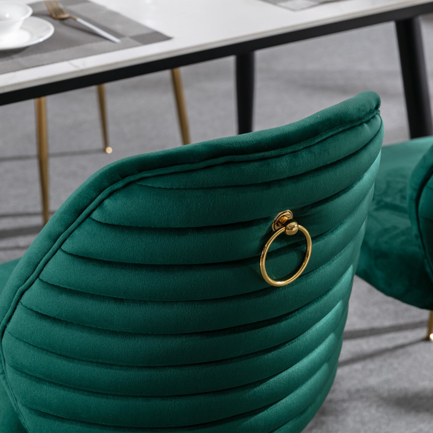 Modern Velvet Dining Chair Set of 2 - Woven Upholstered Accent Chairs with Barrel Backrest & Gold Metal Legs for Living Room Green