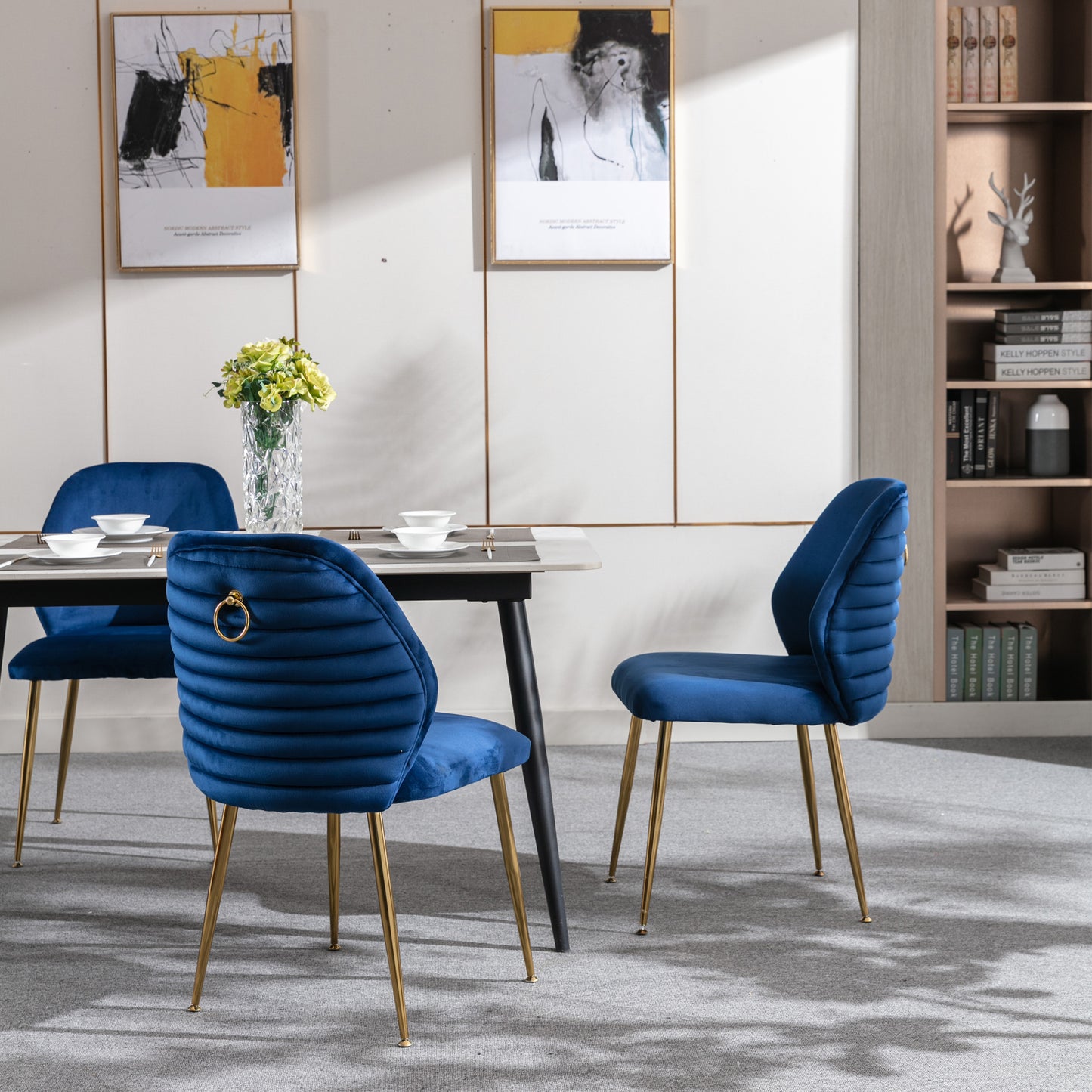 Modern Blue Dining Chair Set of 2 - Woven Velvet Upholstered Side Chairs with Barrel Backrest & Gold Metal Legs, Accent Chairs