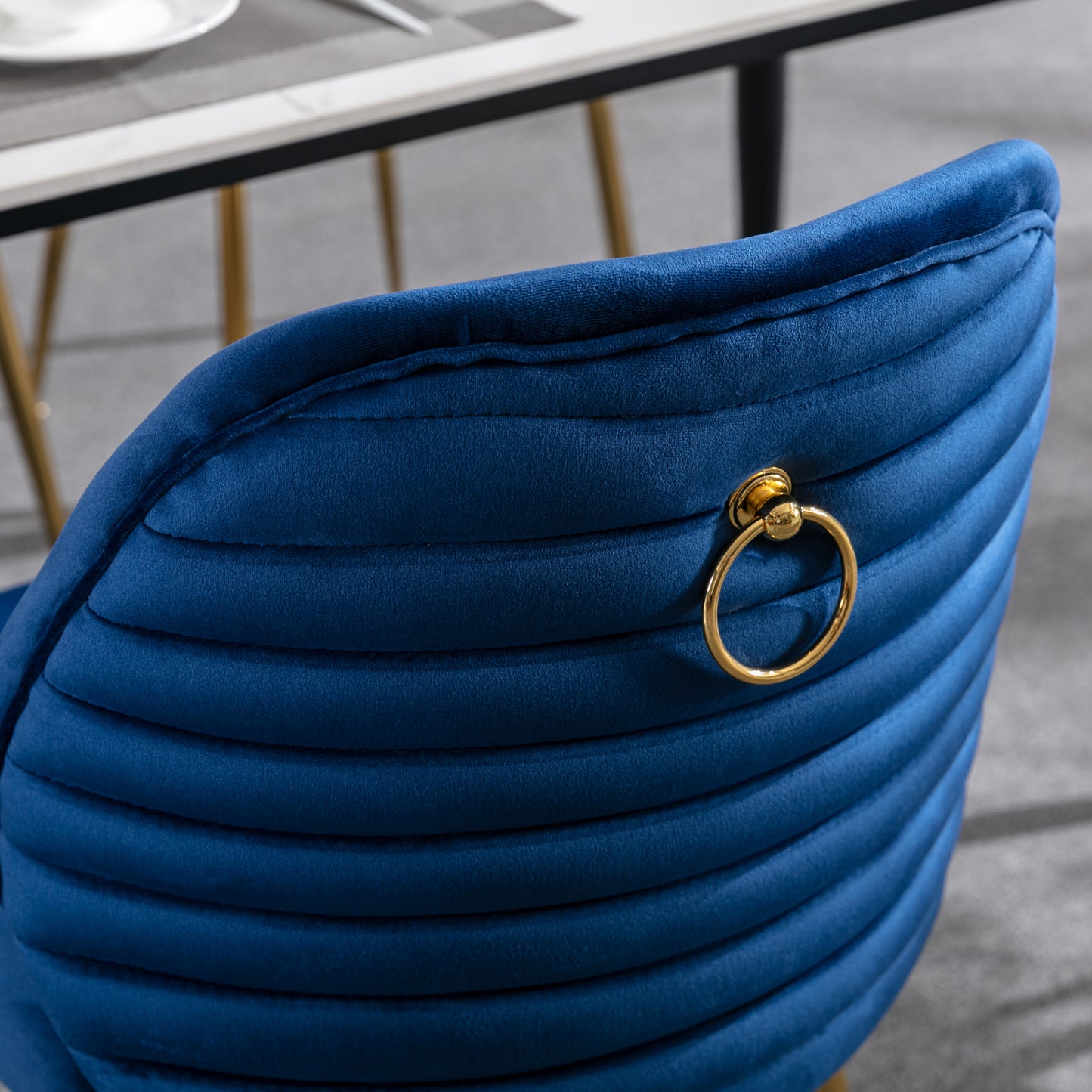 Modern Blue Dining Chair Set of 2 - Woven Velvet Upholstered Side Chairs with Barrel Backrest & Gold Metal Legs, Accent Chairs