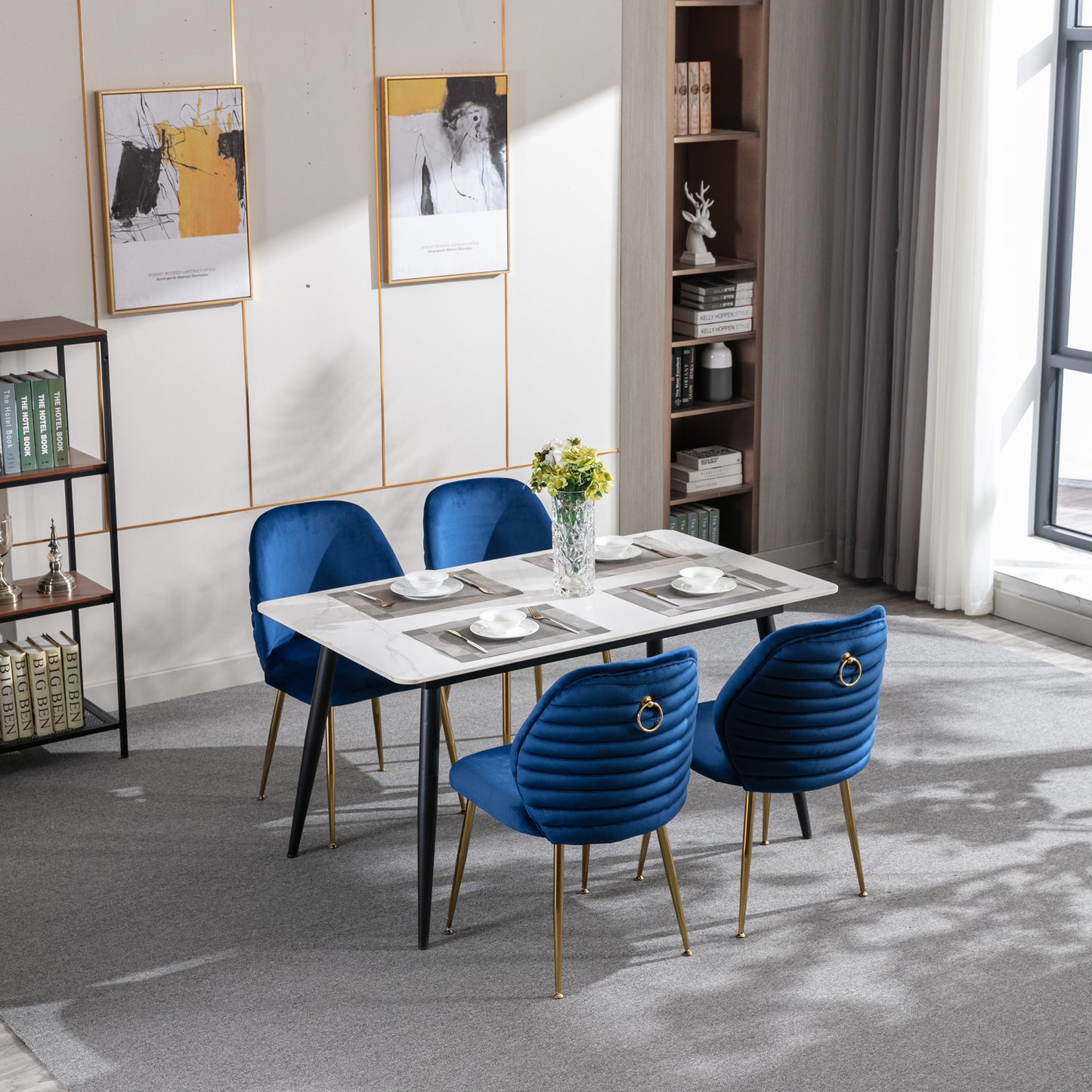Modern Blue Dining Chair Set of 2 - Woven Velvet Upholstered Side Chairs with Barrel Backrest & Gold Metal Legs, Accent Chairs