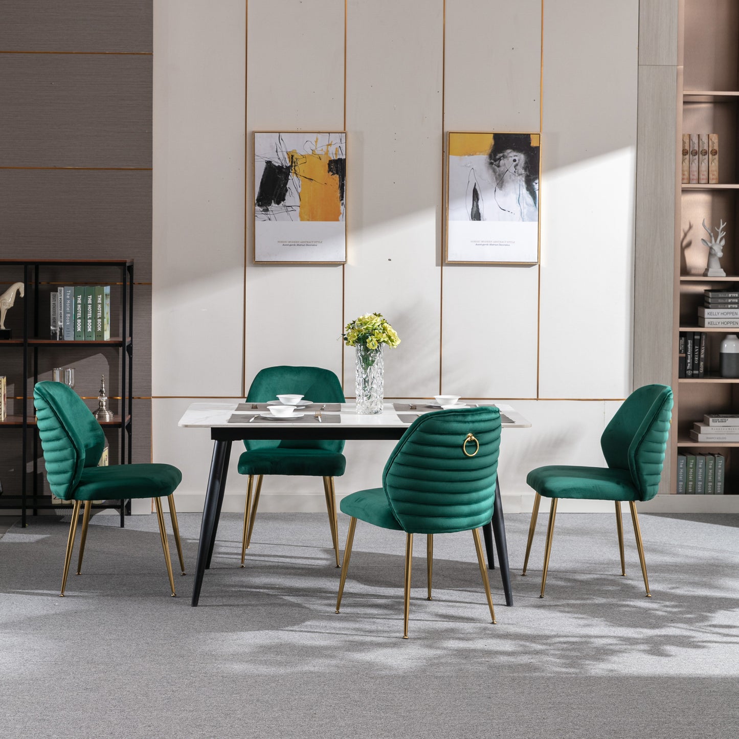 Modern Velvet Dining Chair Set of 2 - Woven Upholstered Accent Chairs with Barrel Backrest & Gold Metal Legs for Living Room Green