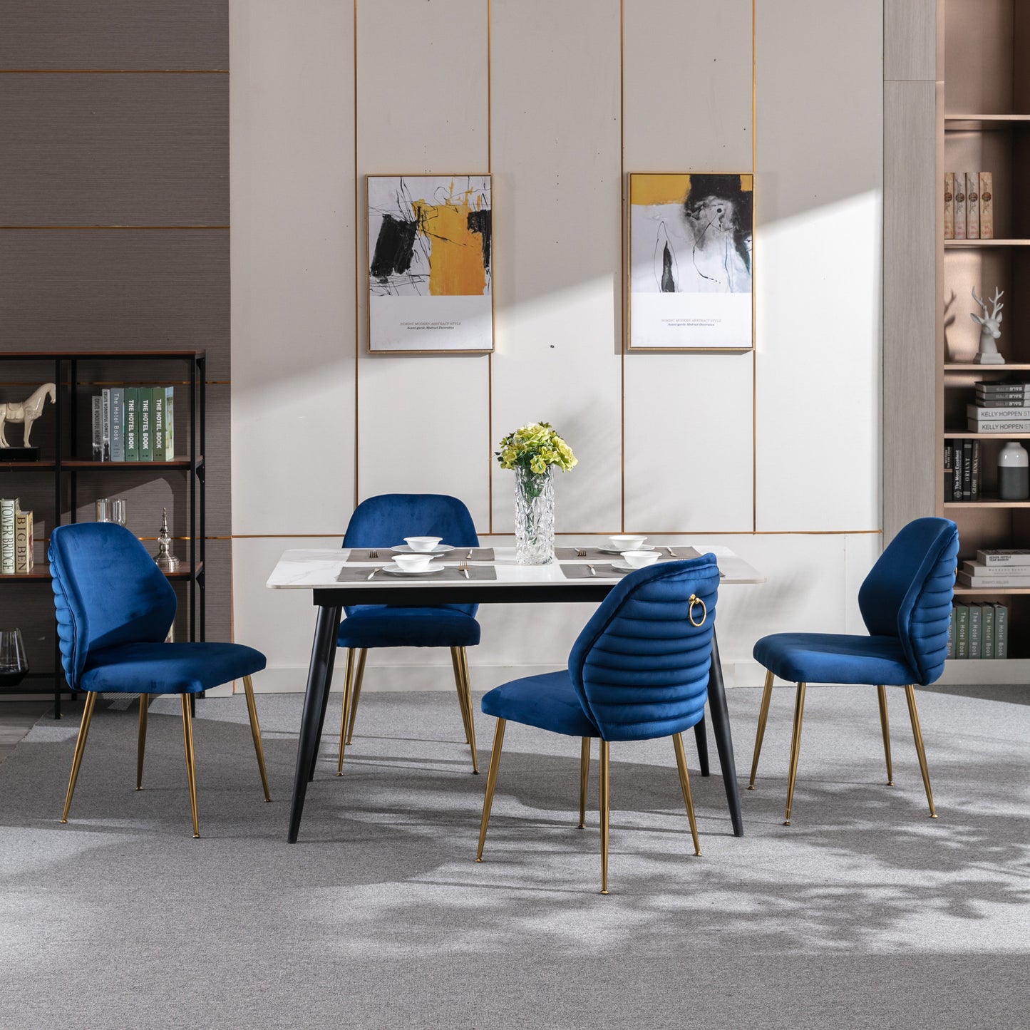 Modern Blue Dining Chair Set of 2 - Woven Velvet Upholstered Side Chairs with Barrel Backrest & Gold Metal Legs, Accent Chairs