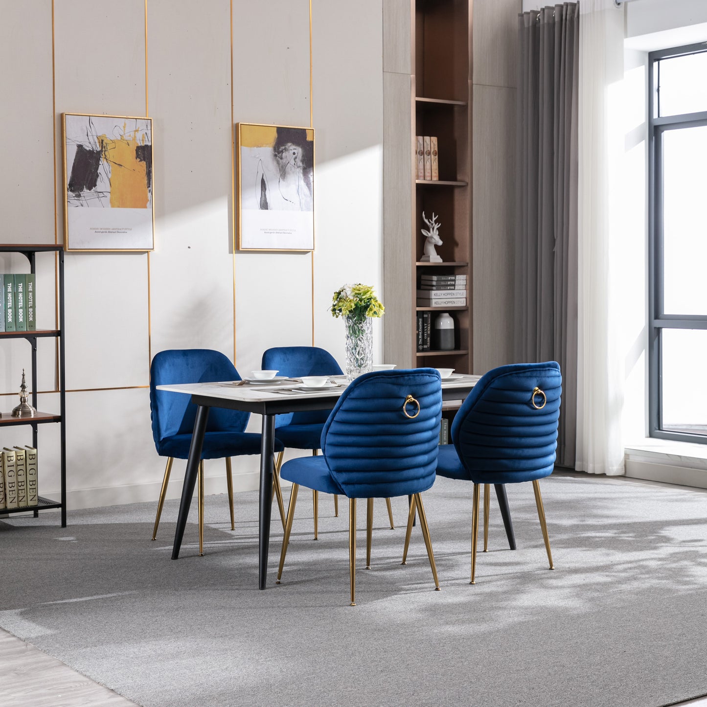 Modern Blue Dining Chair Set of 2 - Woven Velvet Upholstered Side Chairs with Barrel Backrest & Gold Metal Legs, Accent Chairs