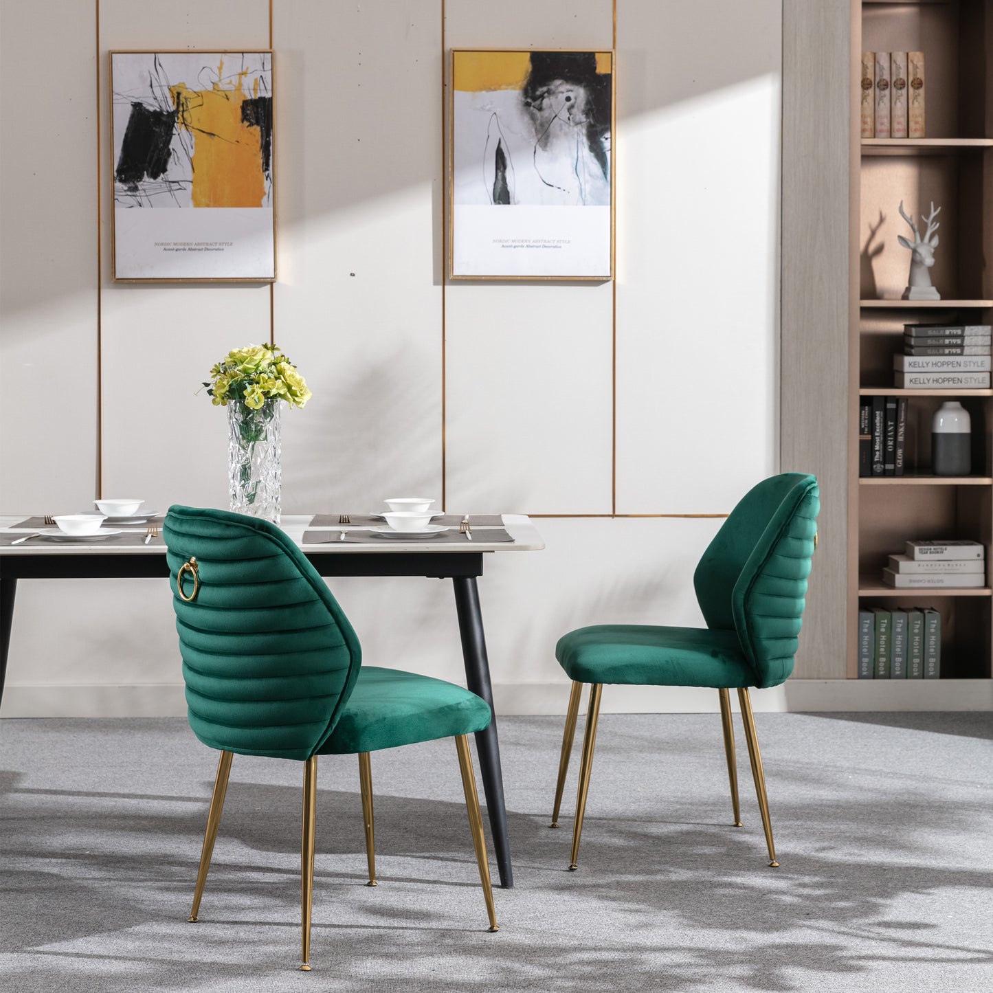 Modern Velvet Dining Chair Set of 2 - Woven Upholstered Accent Chairs with Barrel Backrest & Gold Metal Legs for Living Room Green