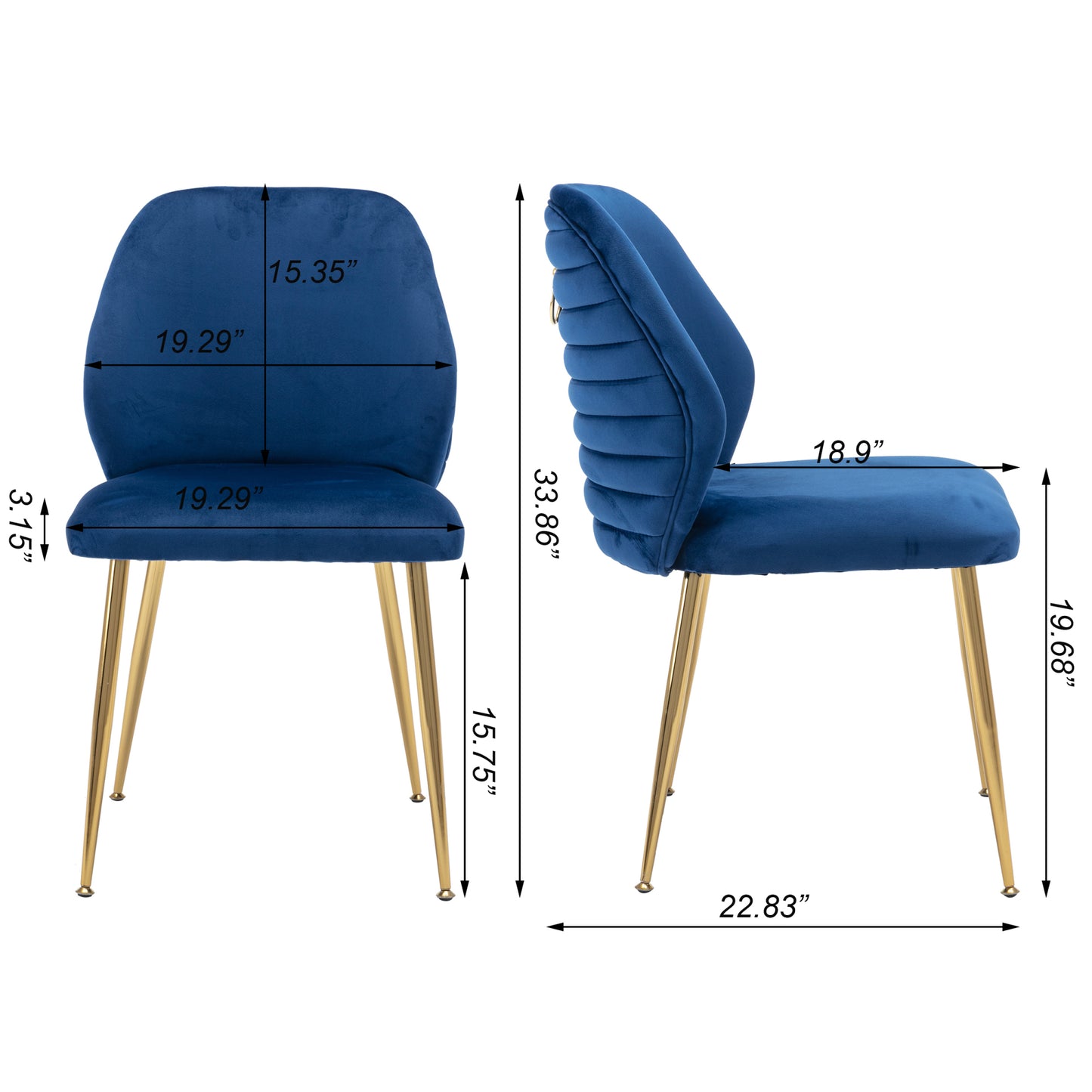 Modern Blue Dining Chair Set of 2 - Woven Velvet Upholstered Side Chairs with Barrel Backrest & Gold Metal Legs, Accent Chairs