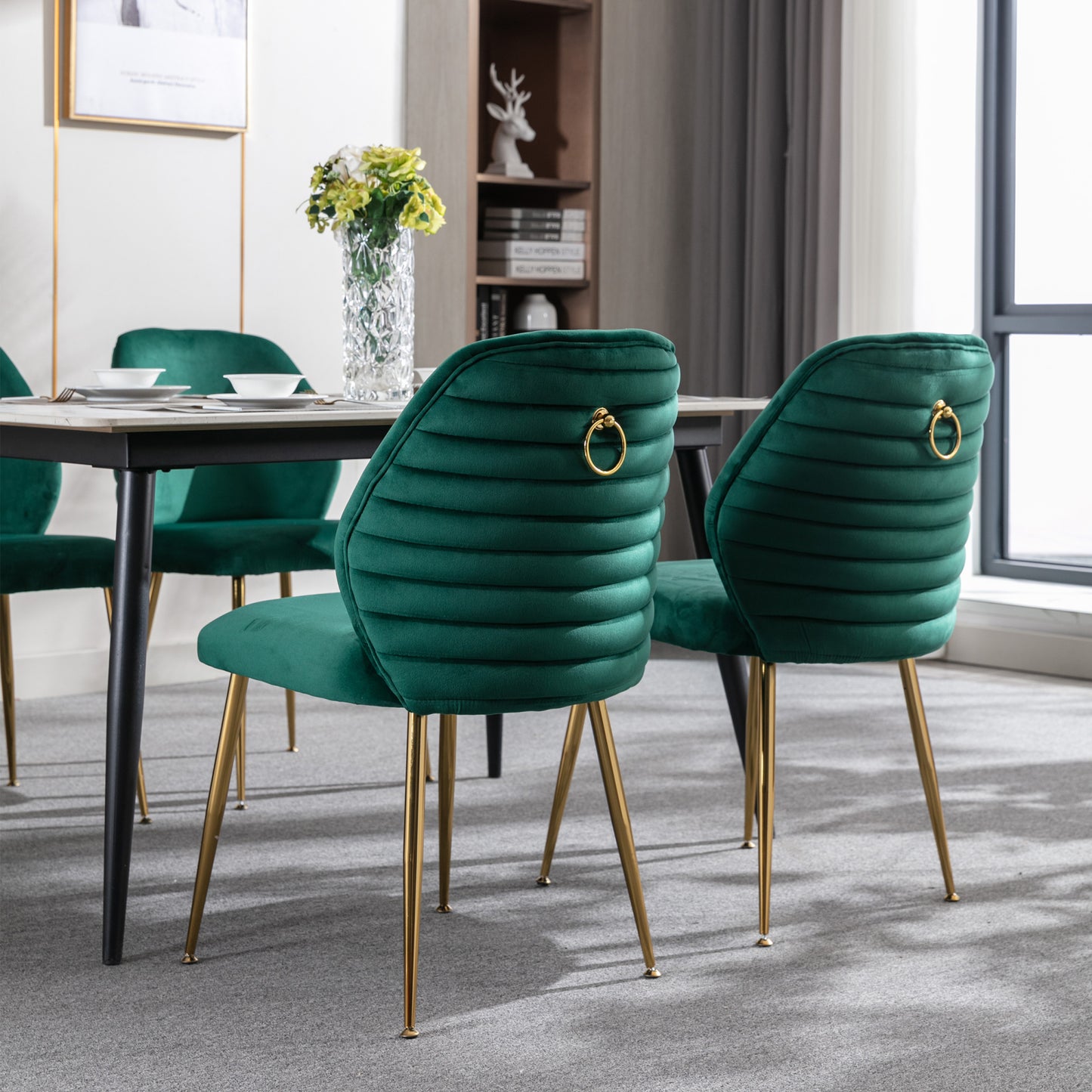 Modern Velvet Dining Chair Set of 2 - Woven Upholstered Accent Chairs with Barrel Backrest & Gold Metal Legs for Living Room Green