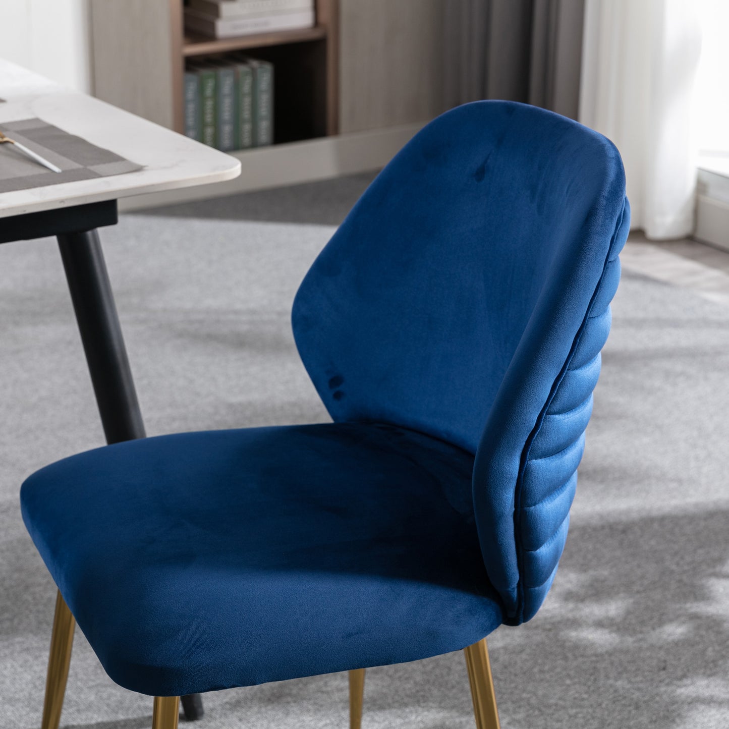 Modern Blue Dining Chair Set of 2 - Woven Velvet Upholstered Side Chairs with Barrel Backrest & Gold Metal Legs, Accent Chairs