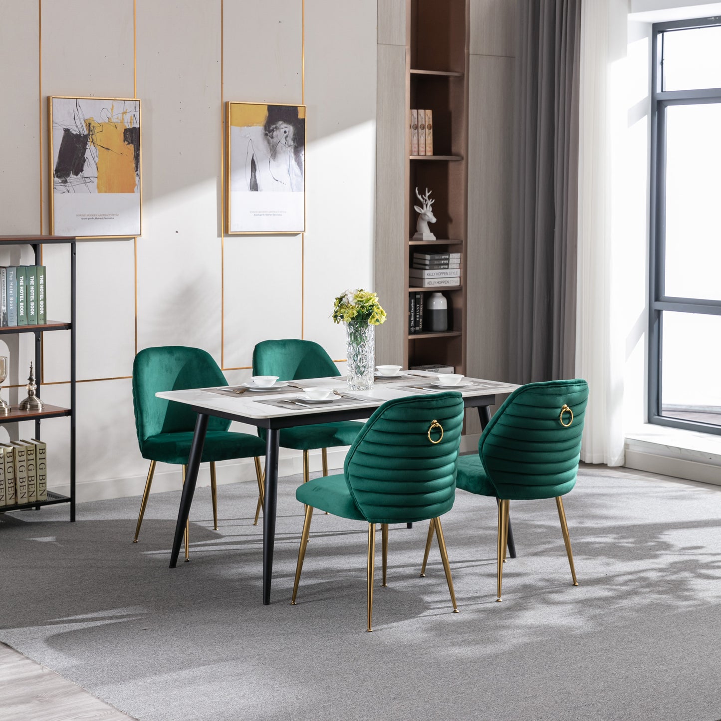 Modern Velvet Dining Chair Set of 2 - Woven Upholstered Accent Chairs with Barrel Backrest & Gold Metal Legs for Living Room Green