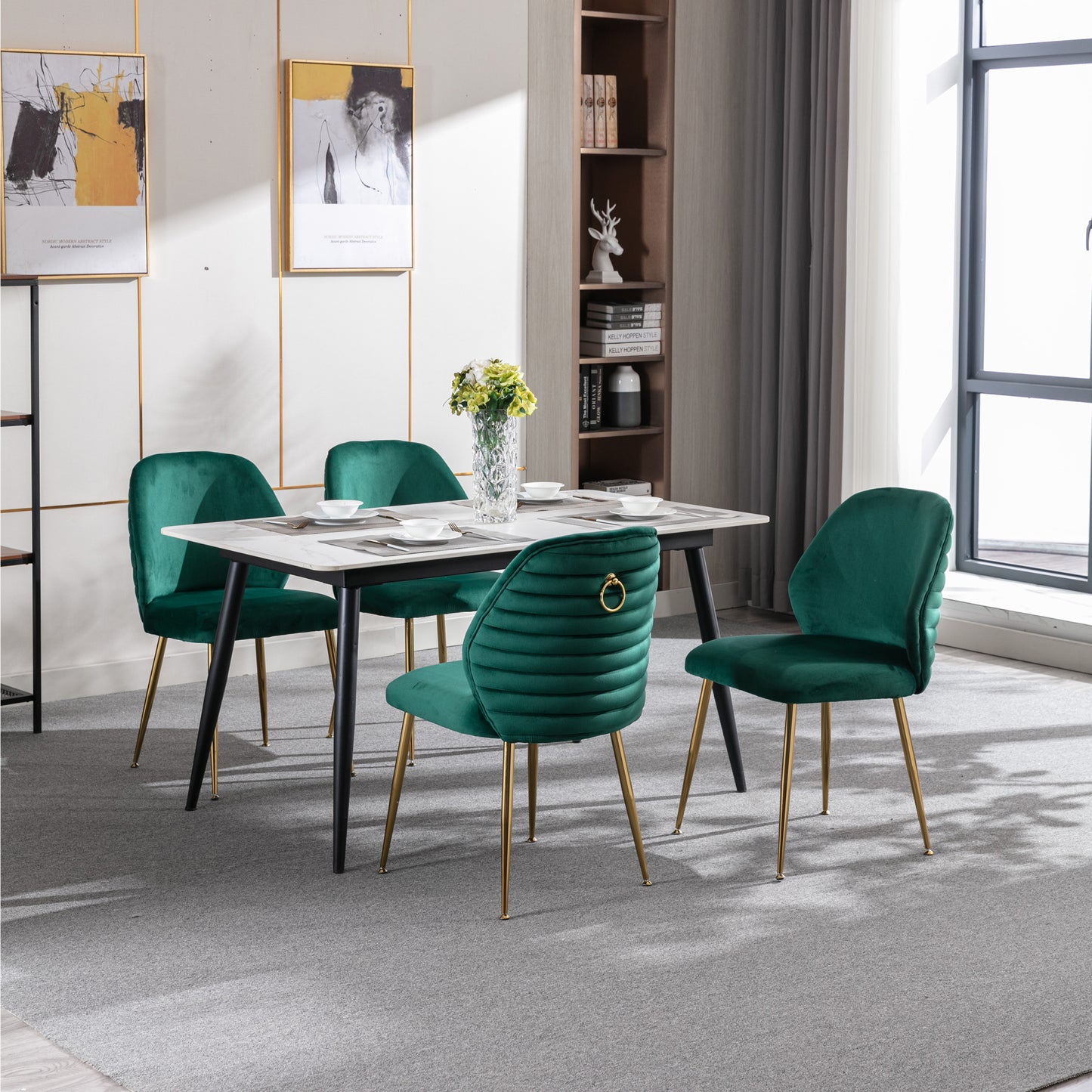 Modern Velvet Dining Chair Set of 2 - Woven Upholstered Accent Chairs with Barrel Backrest & Gold Metal Legs for Living Room Green