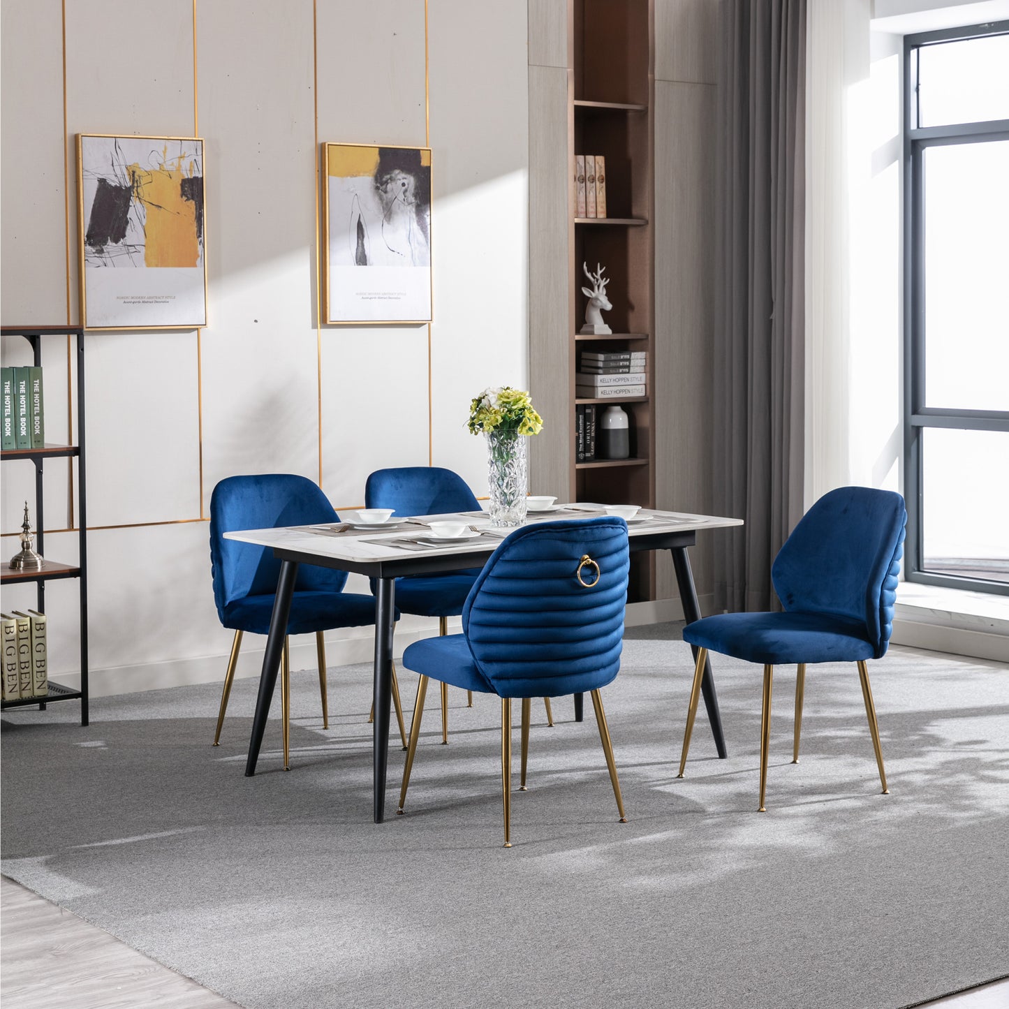 Modern Blue Dining Chair Set of 2 - Woven Velvet Upholstered Side Chairs with Barrel Backrest & Gold Metal Legs, Accent Chairs