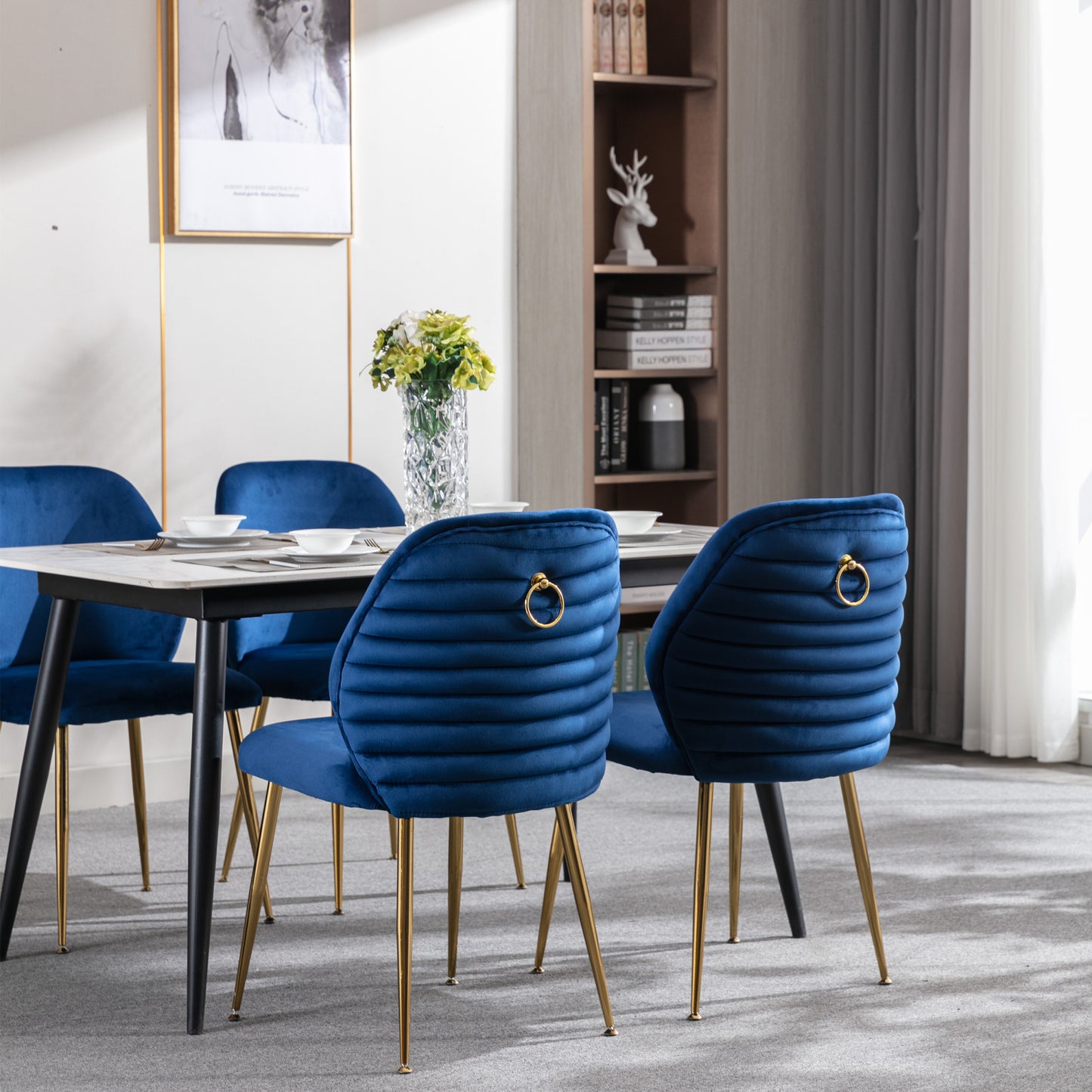 Modern Blue Dining Chair Set of 2 - Woven Velvet Upholstered Side Chairs with Barrel Backrest & Gold Metal Legs, Accent Chairs