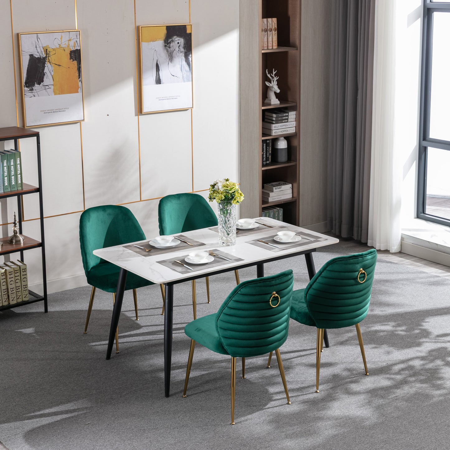 Modern Velvet Dining Chair Set of 2 - Woven Upholstered Accent Chairs with Barrel Backrest & Gold Metal Legs for Living Room Green