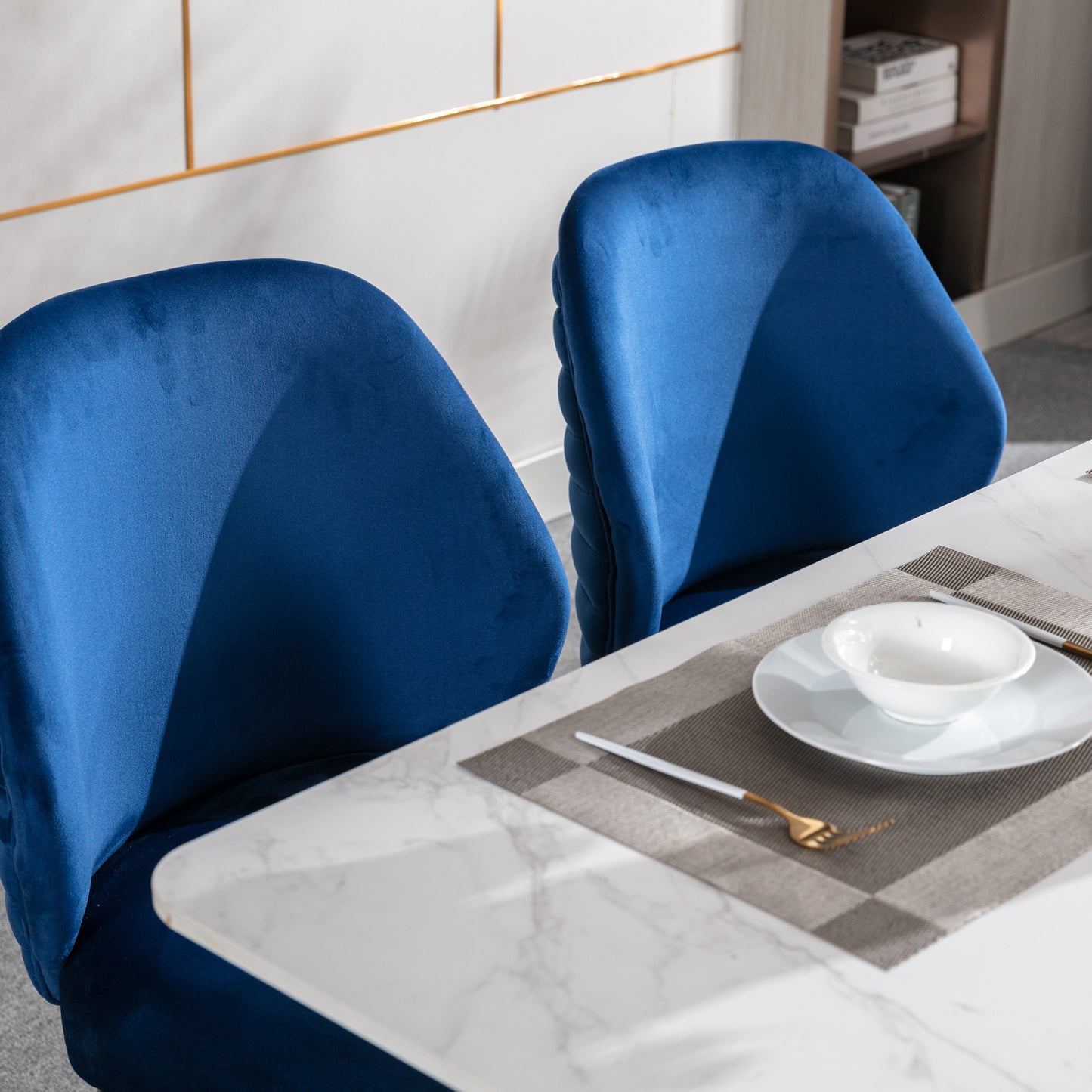 Modern Blue Dining Chair Set of 2 - Woven Velvet Upholstered Side Chairs with Barrel Backrest & Gold Metal Legs, Accent Chairs