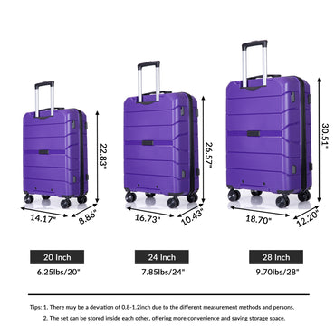 Lightweight Durable Hardshell Luggage Set with Spinner Wheels, 3-Piece (20/24/28) - Purple, TSA Lock