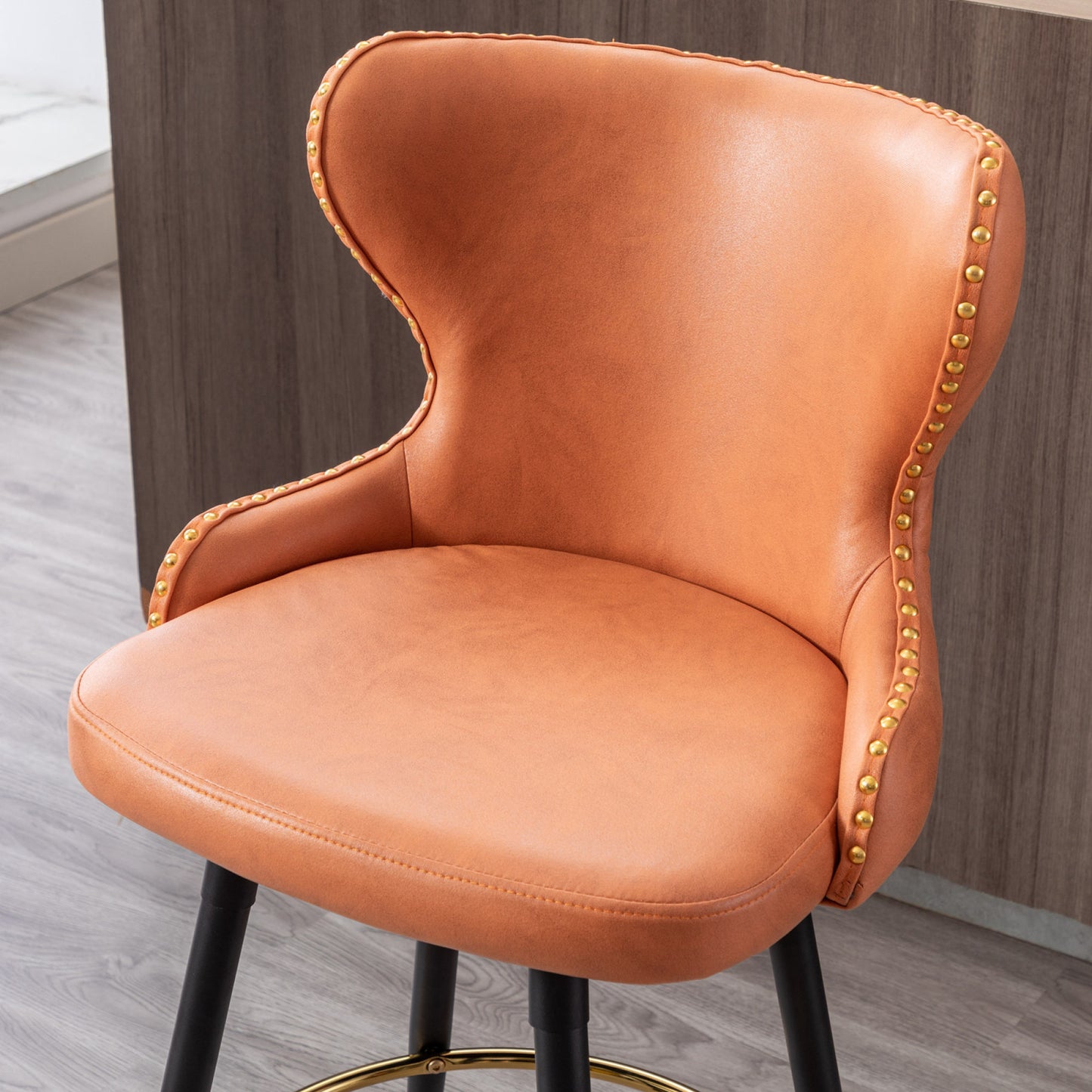 Counter Height 25 Modern Leathaire Bar Chairs, 180° Swivel Stool with Tufted Gold Nailhead Trim, Metal Legs, Set of 2 - Orange