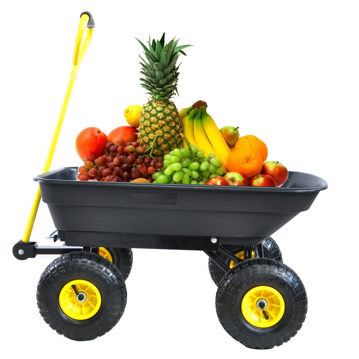 Folding Poly Garden Dump Truck - 10 Pneumatic Tires, 300 lb Capacity, Steel Frame, 55L Capacity, Black