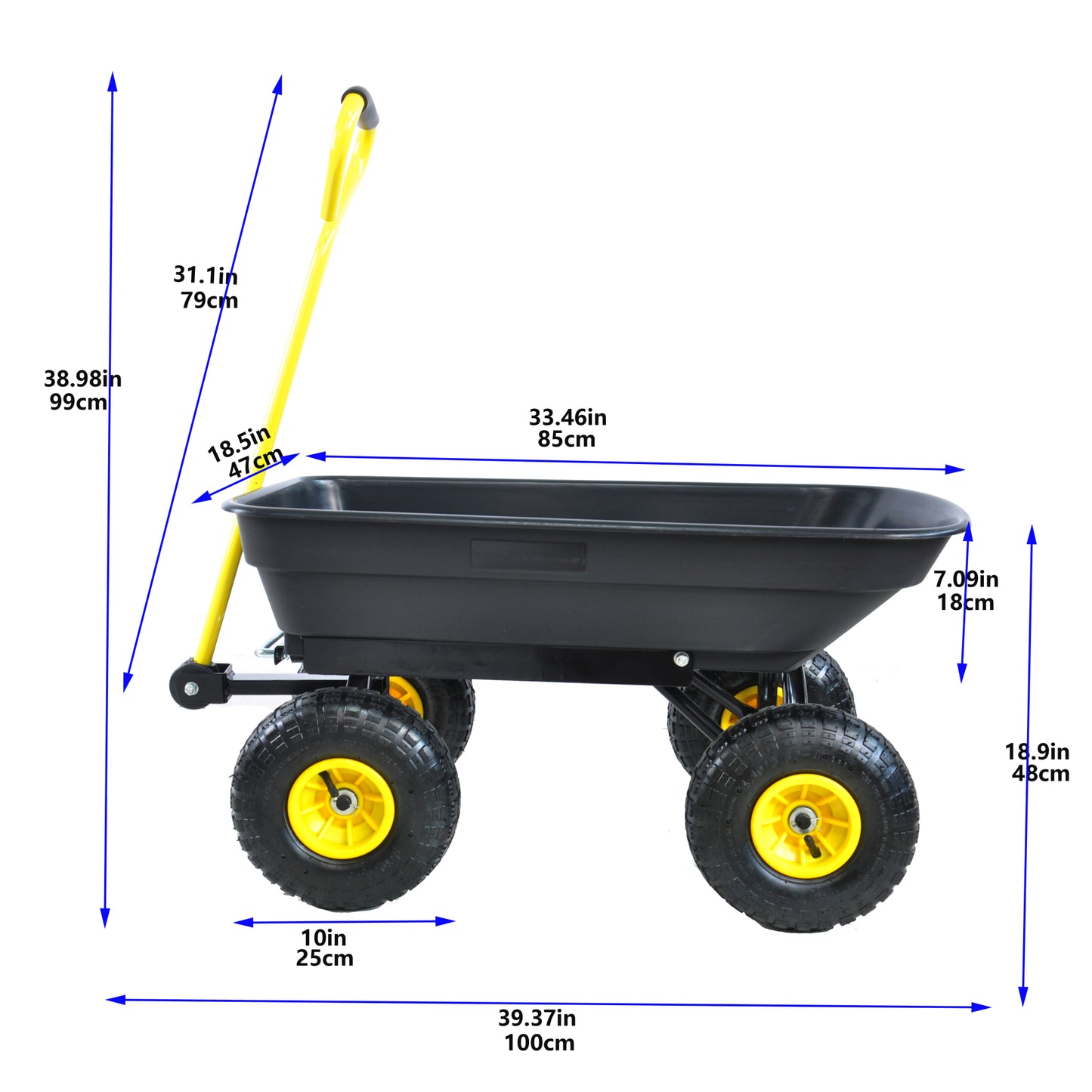 Folding Poly Garden Dump Truck - 10 Pneumatic Tires, 300 lb Capacity, Steel Frame, 55L Capacity, Black