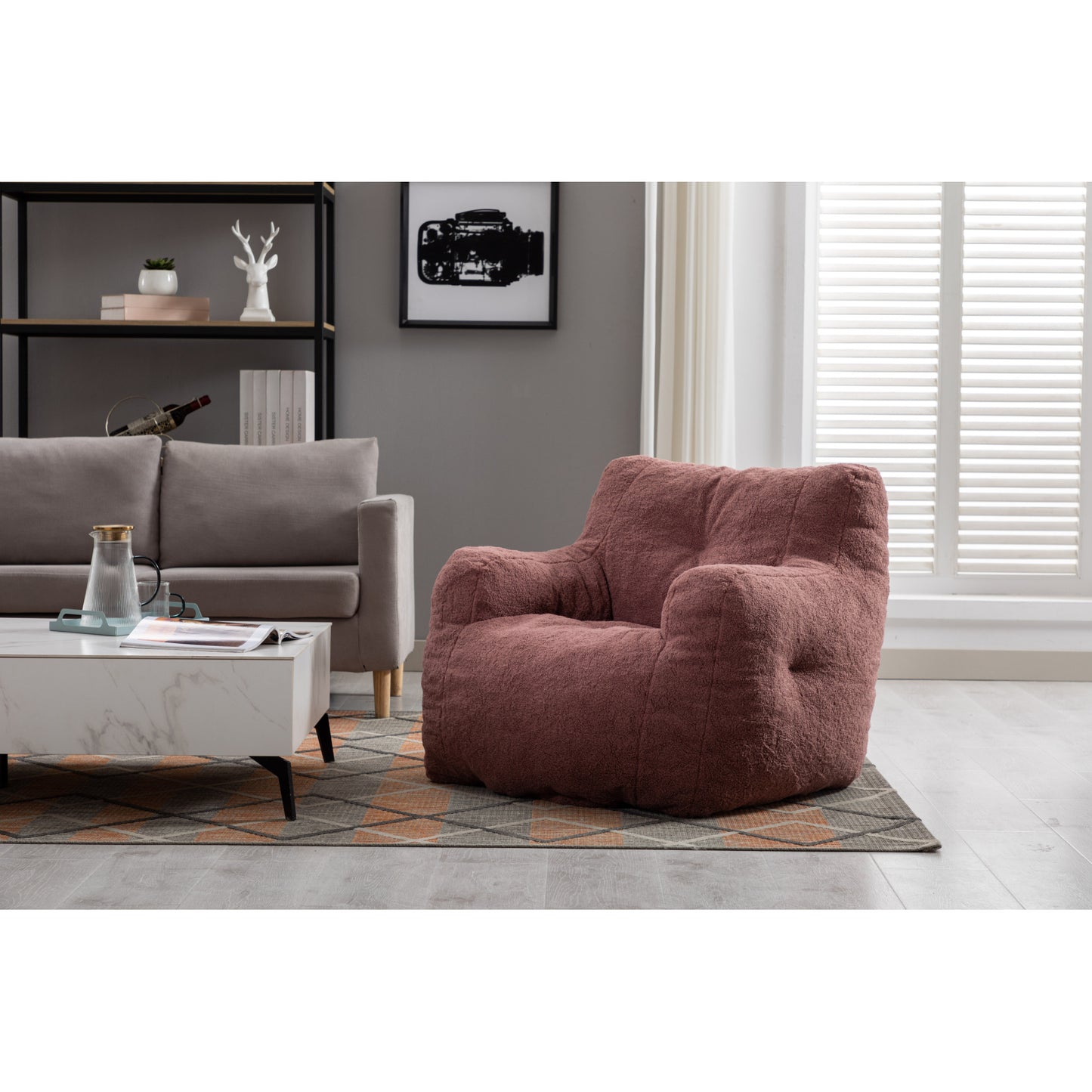 Soft Teddy Fabric Tufted Foam Bean Bag Chair - Cozy Red Bean Bag for Kids & Adults - Comfortable Seating for Playrooms, Living Rooms