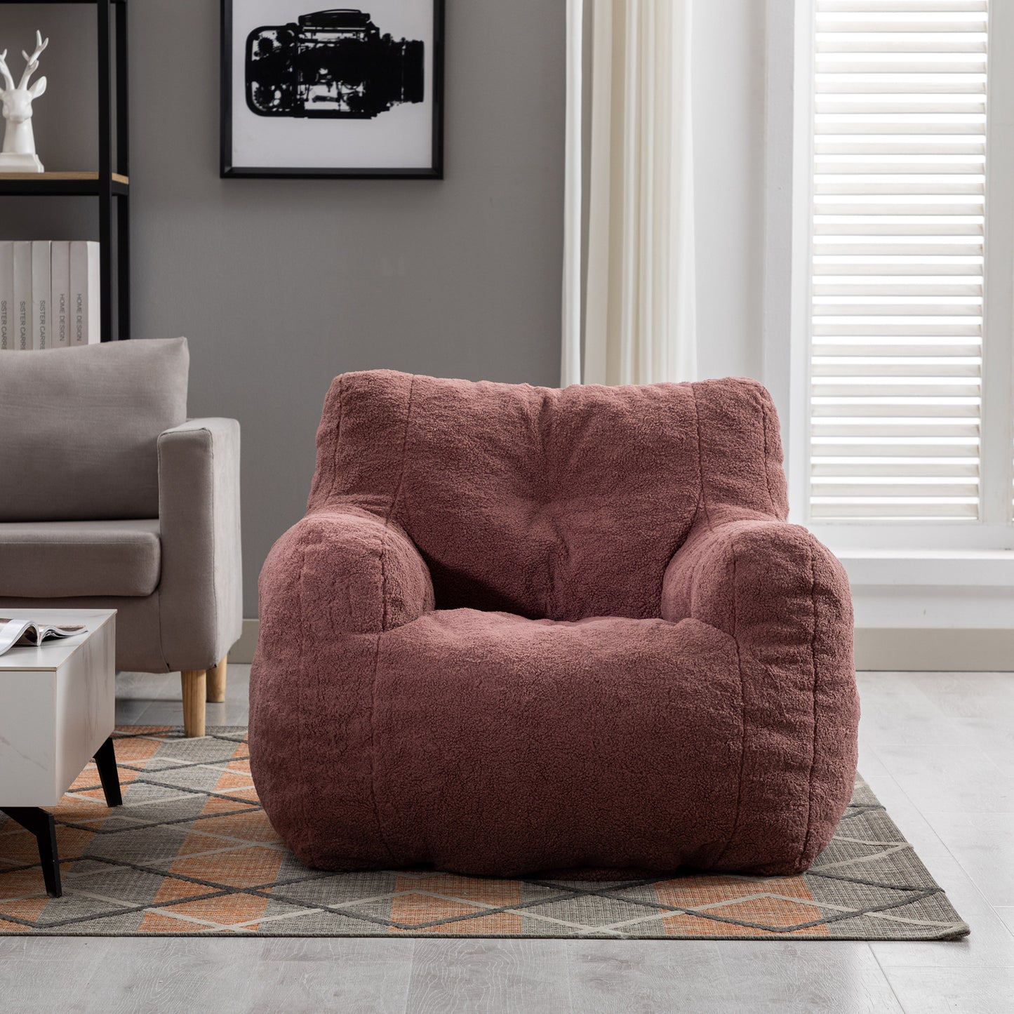 Soft Teddy Fabric Tufted Foam Bean Bag Chair - Cozy Red Bean Bag for Kids & Adults - Comfortable Seating for Playrooms, Living Rooms