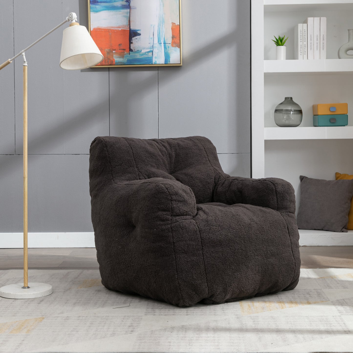 Soft Teddy Fabric Tufted Foam Bean Bag Chair - Dark Gray Cozy Seating for Kids and Adults, Perfect for Living Room and Playroom