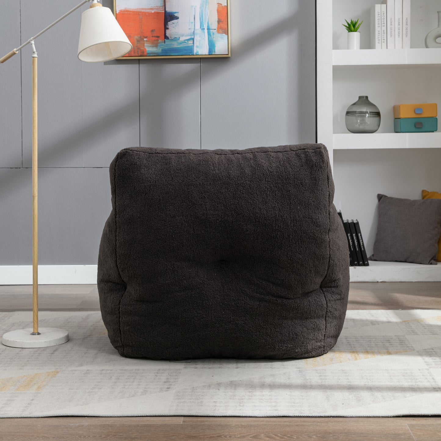 Soft Teddy Fabric Tufted Foam Bean Bag Chair - Dark Gray Cozy Seating for Kids and Adults, Perfect for Living Room and Playroom