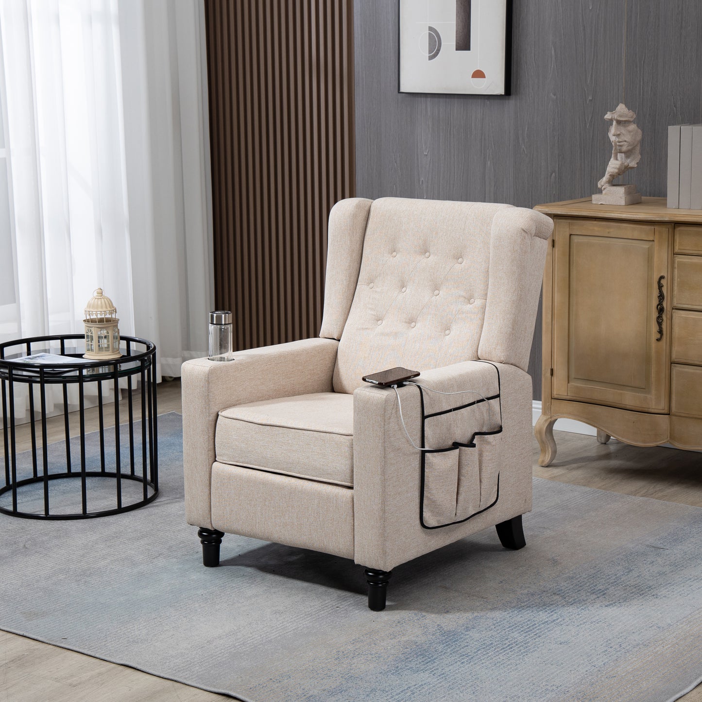 Modern Button Tufted Wingback Recliner Chair - Pushback Manual Living Room Seating, Fabric Single Reclining Sofa, Khaki Yellow