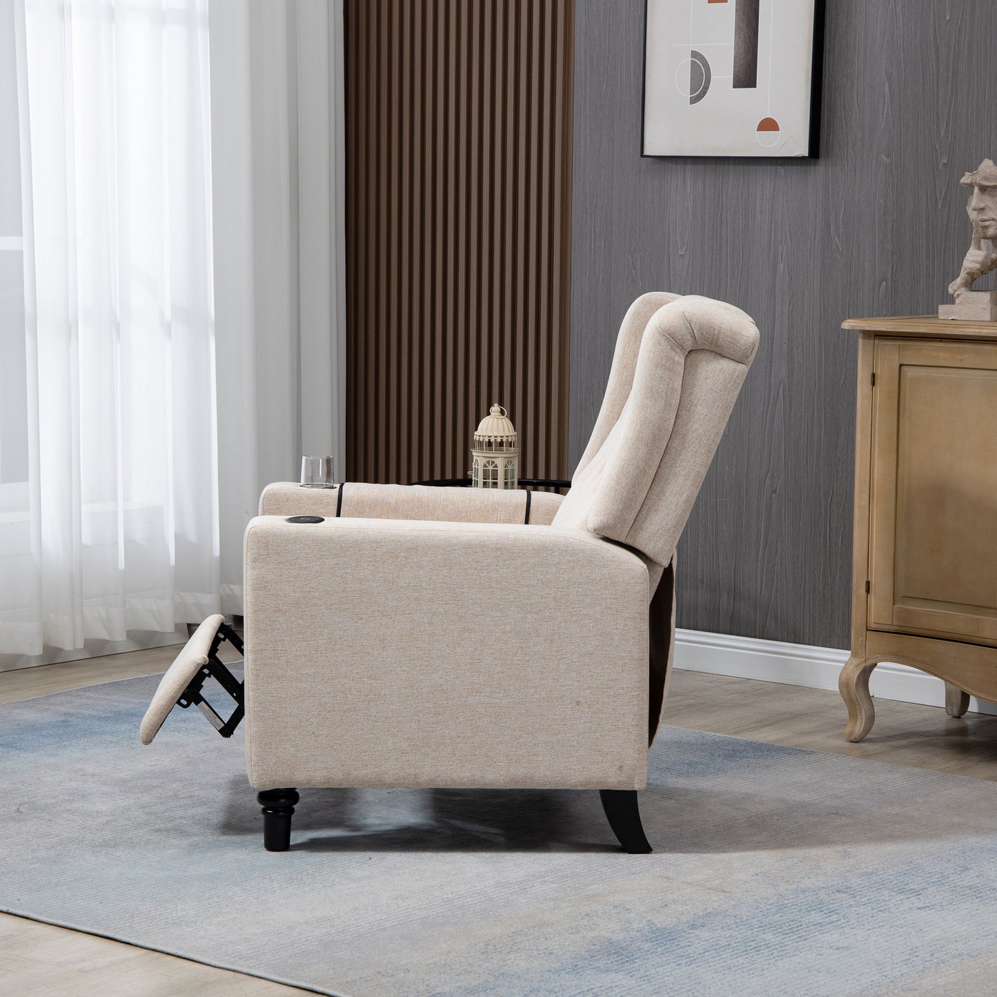 Modern Button Tufted Wingback Recliner Chair - Pushback Manual Living Room Seating, Fabric Single Reclining Sofa, Khaki Yellow