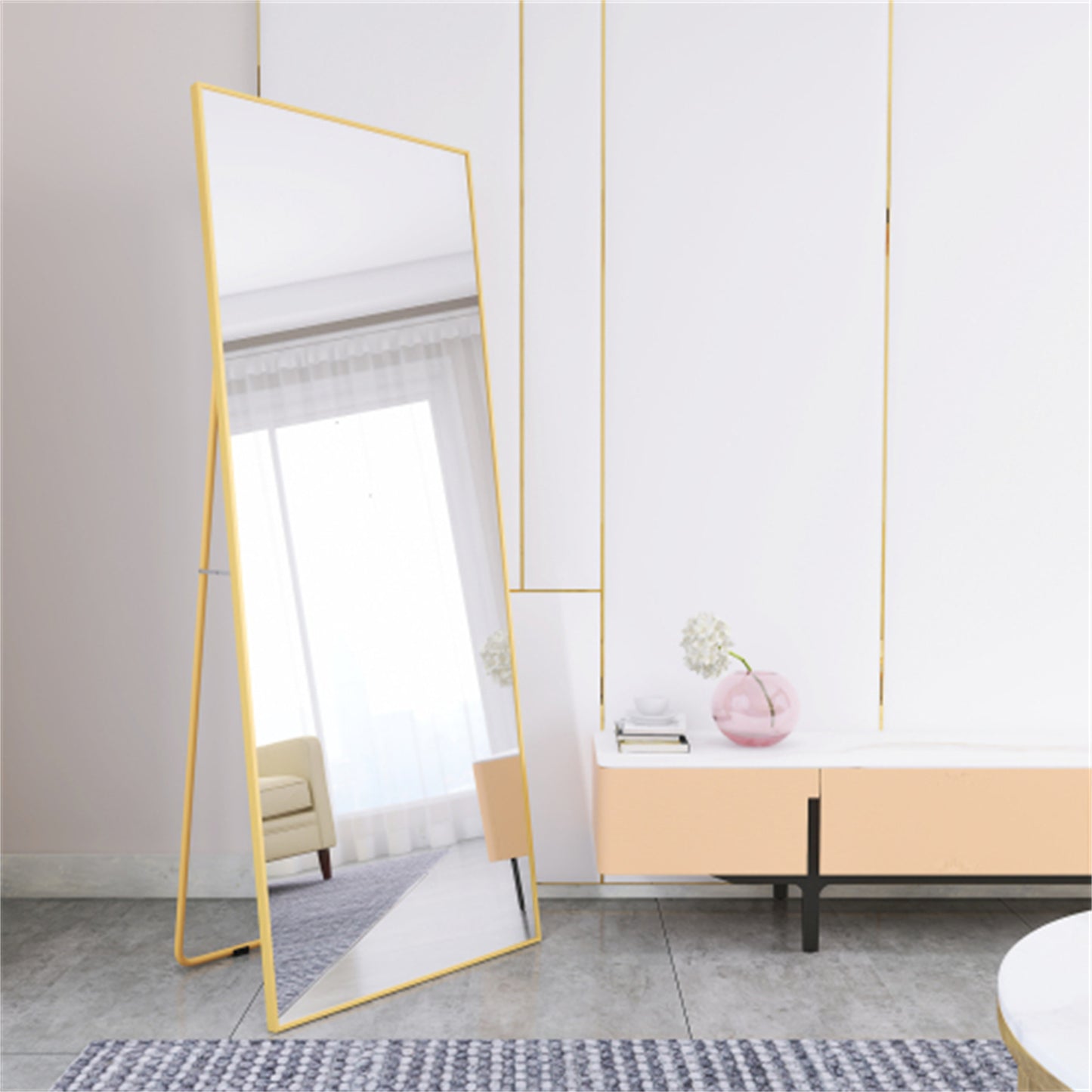 Elegant Wall-Mounted Full Length Mirror with Alloy Frame, Golden Finish - Space-Saving Decorative Accent for Home or Office
