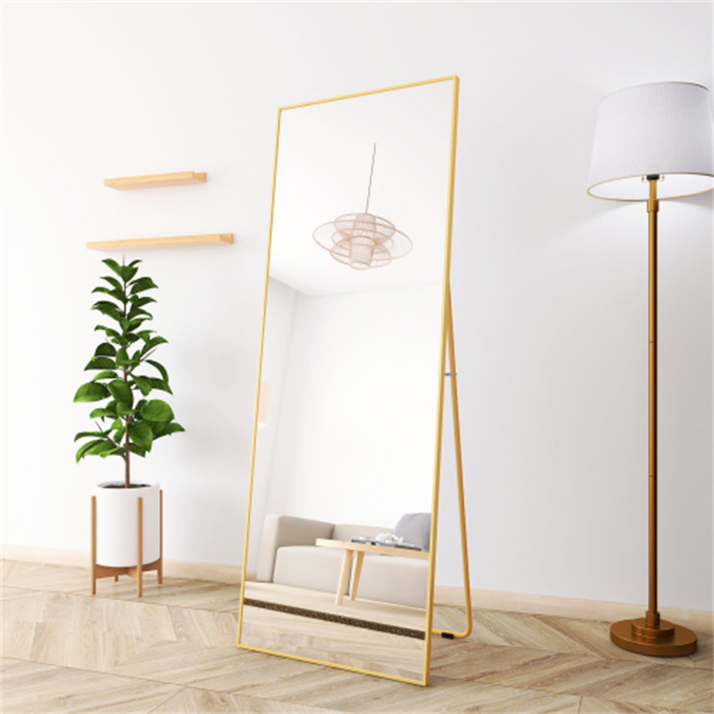 Elegant Wall-Mounted Full Length Mirror with Alloy Frame, Golden Finish - Space-Saving Decorative Accent for Home or Office