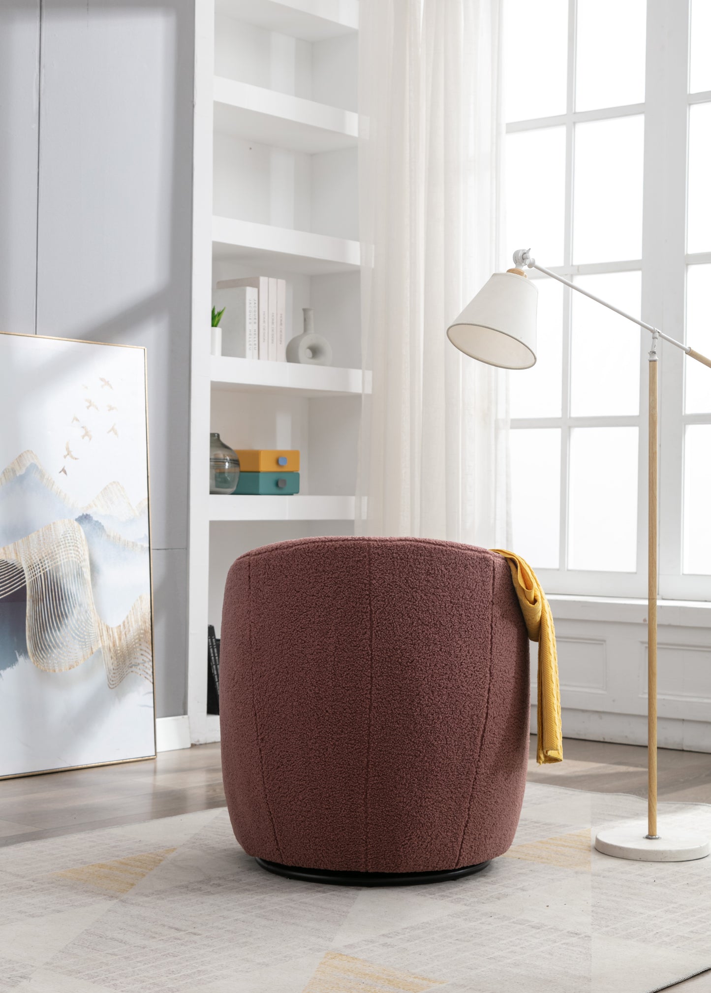 Teddy Fabric Swivel Accent Armchair Barrel Chair With Black Powder Coating Metal Ring,Dark Red