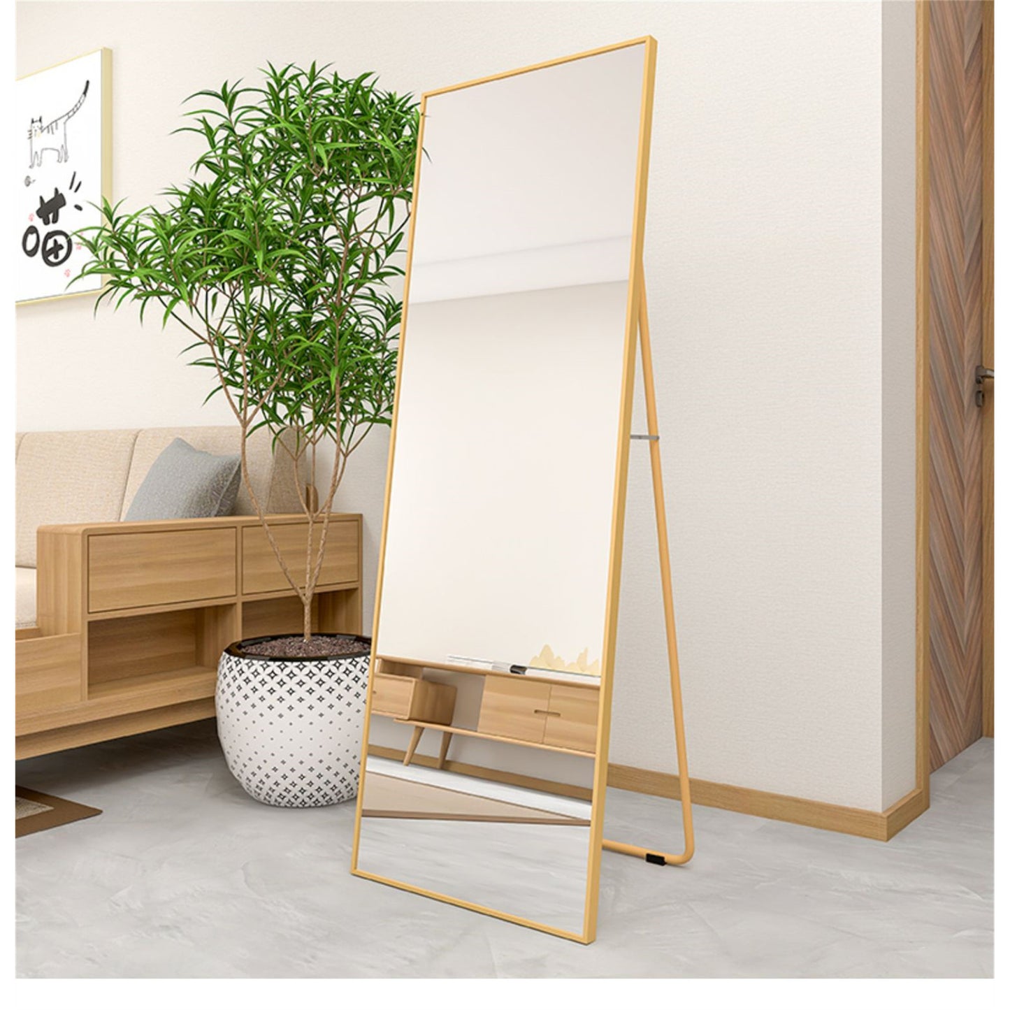 Elegant Wall-Mounted Full Length Mirror with Alloy Frame, Golden Finish - Space-Saving Decorative Accent for Home or Office