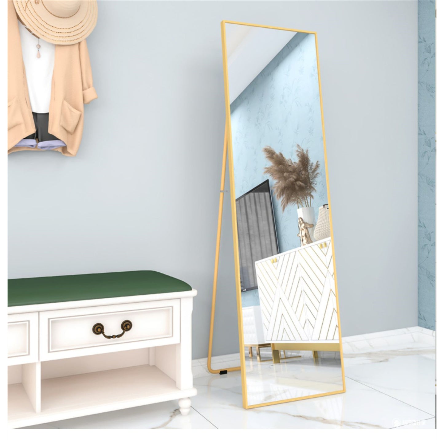 Elegant Wall-Mounted Full Length Mirror with Alloy Frame, Golden Finish - Space-Saving Decorative Accent for Home or Office