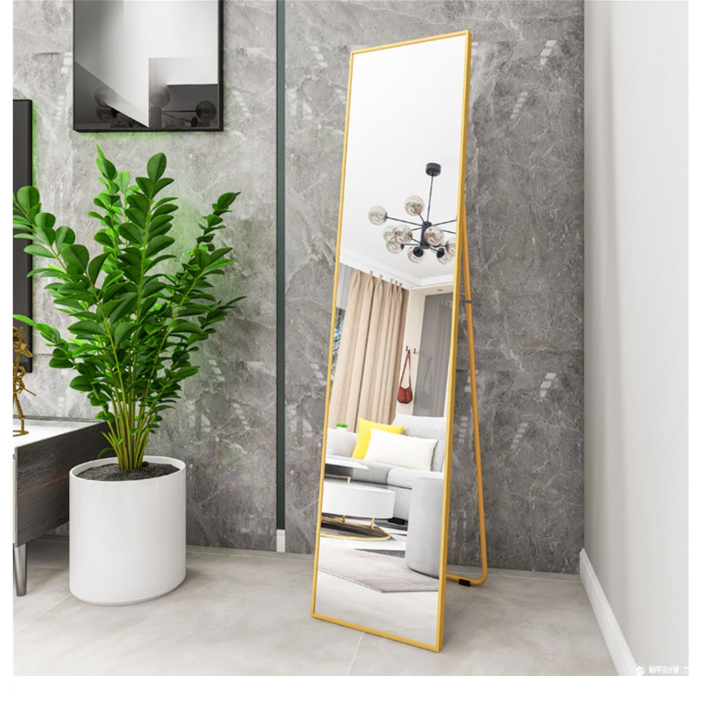 Elegant Wall-Mounted Full Length Mirror with Alloy Frame, Golden Finish - Space-Saving Decorative Accent for Home or Office