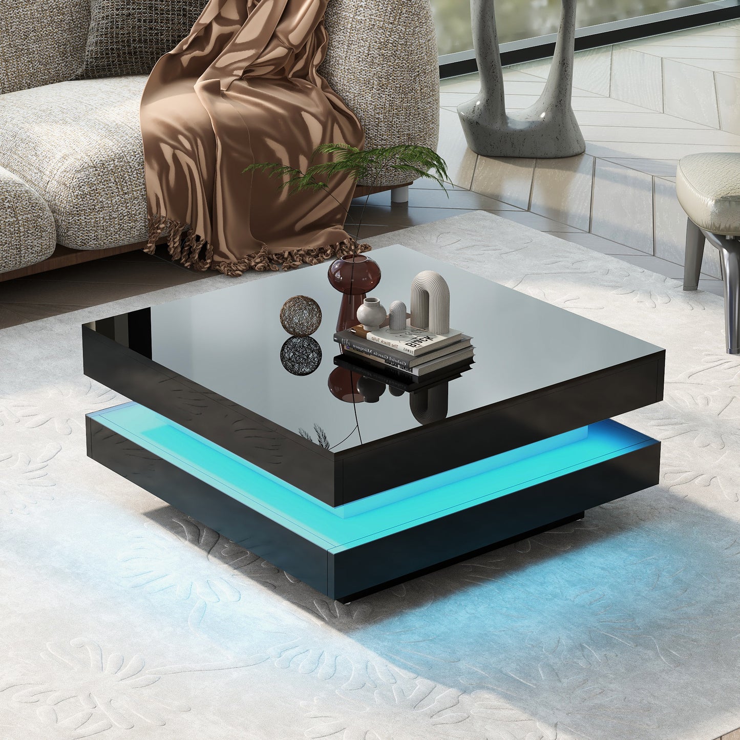 High Gloss Minimalist LED 2-Tier Square Coffee Table, Modern Center Table for Living Room, 31.5x31.5x14.2, Black Finish
