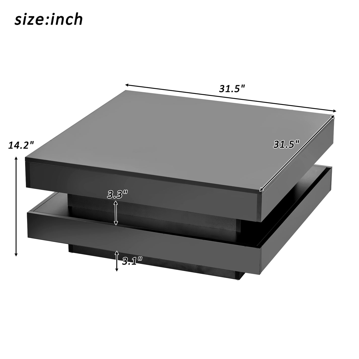 High Gloss Minimalist LED 2-Tier Square Coffee Table, Modern Center Table for Living Room, 31.5x31.5x14.2, Black Finish