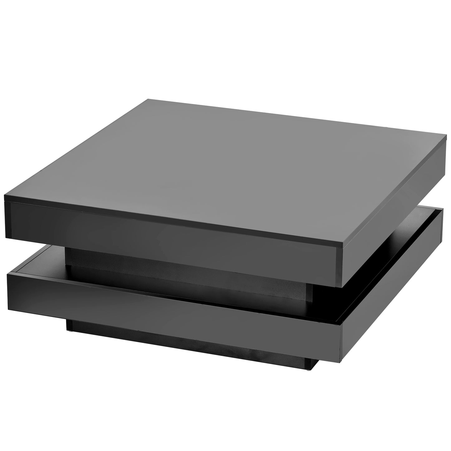 High Gloss Minimalist LED 2-Tier Square Coffee Table, Modern Center Table for Living Room, 31.5x31.5x14.2, Black Finish