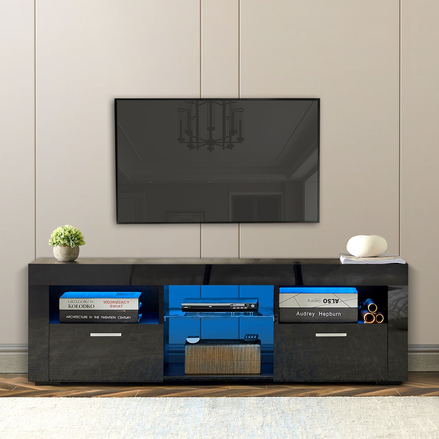 Black Modern TV Stand with LED Lights, High Gloss Finish, Stylish TV Cabinet for Lounge, Living Room or Bedroom, Sleek Design, Color: Black