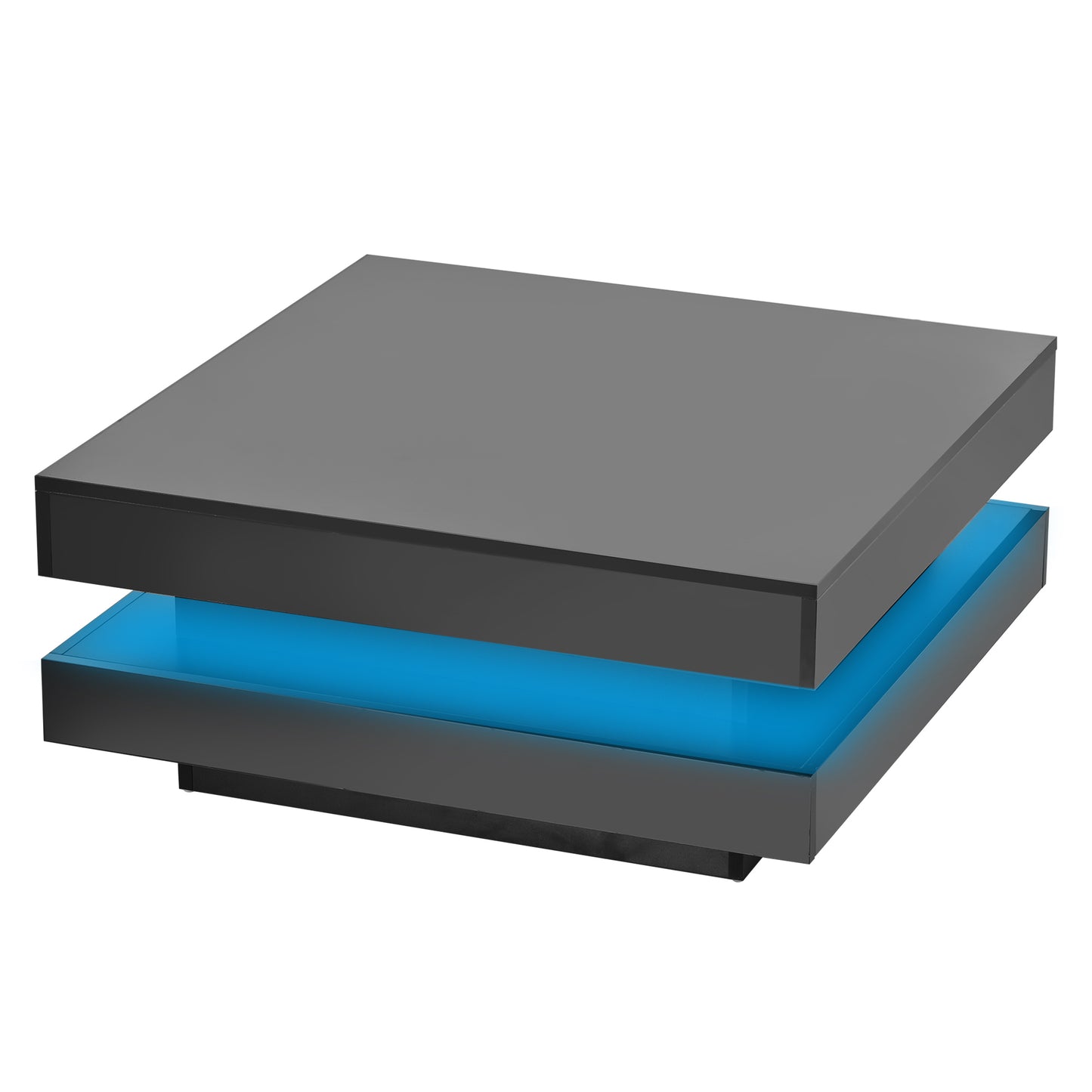 High Gloss Minimalist LED 2-Tier Square Coffee Table, Modern Center Table for Living Room, 31.5x31.5x14.2, Black Finish