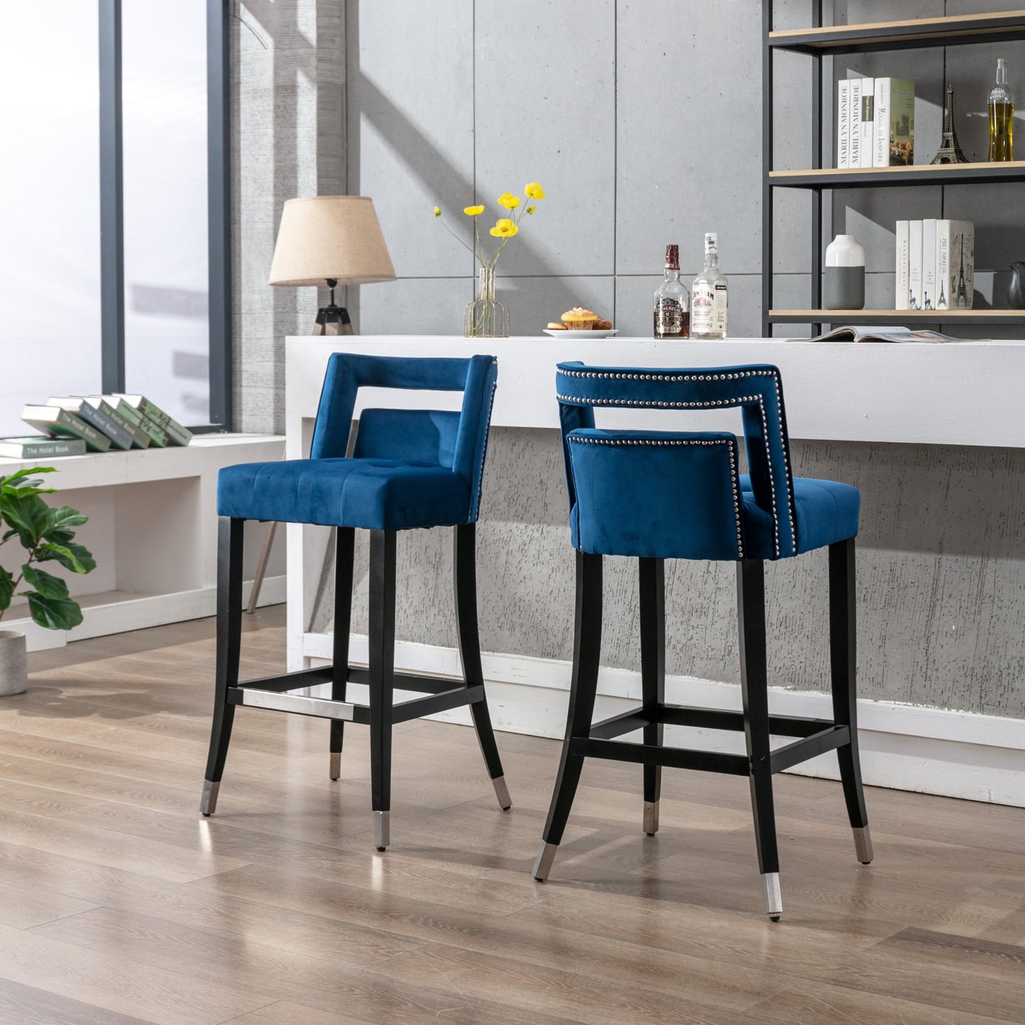 Suede Velvet Barstool Set of 2 - Stylish Living Room Chairs with Nailheads, 30-Inch Seat Height