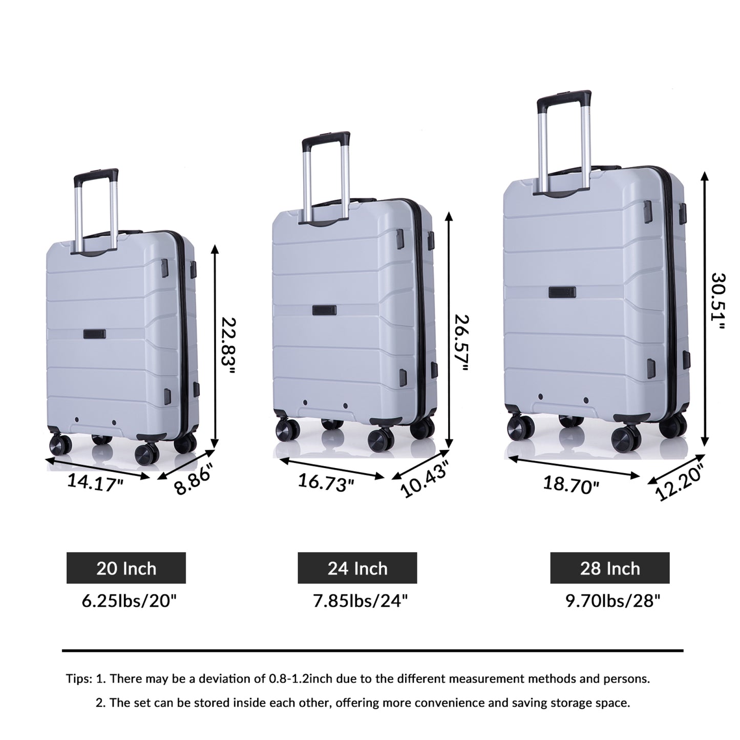 Lightweight Hardshell 3-Piece Luggage Set with Spinner Wheels & TSA Lock - Silver (20/24/28)