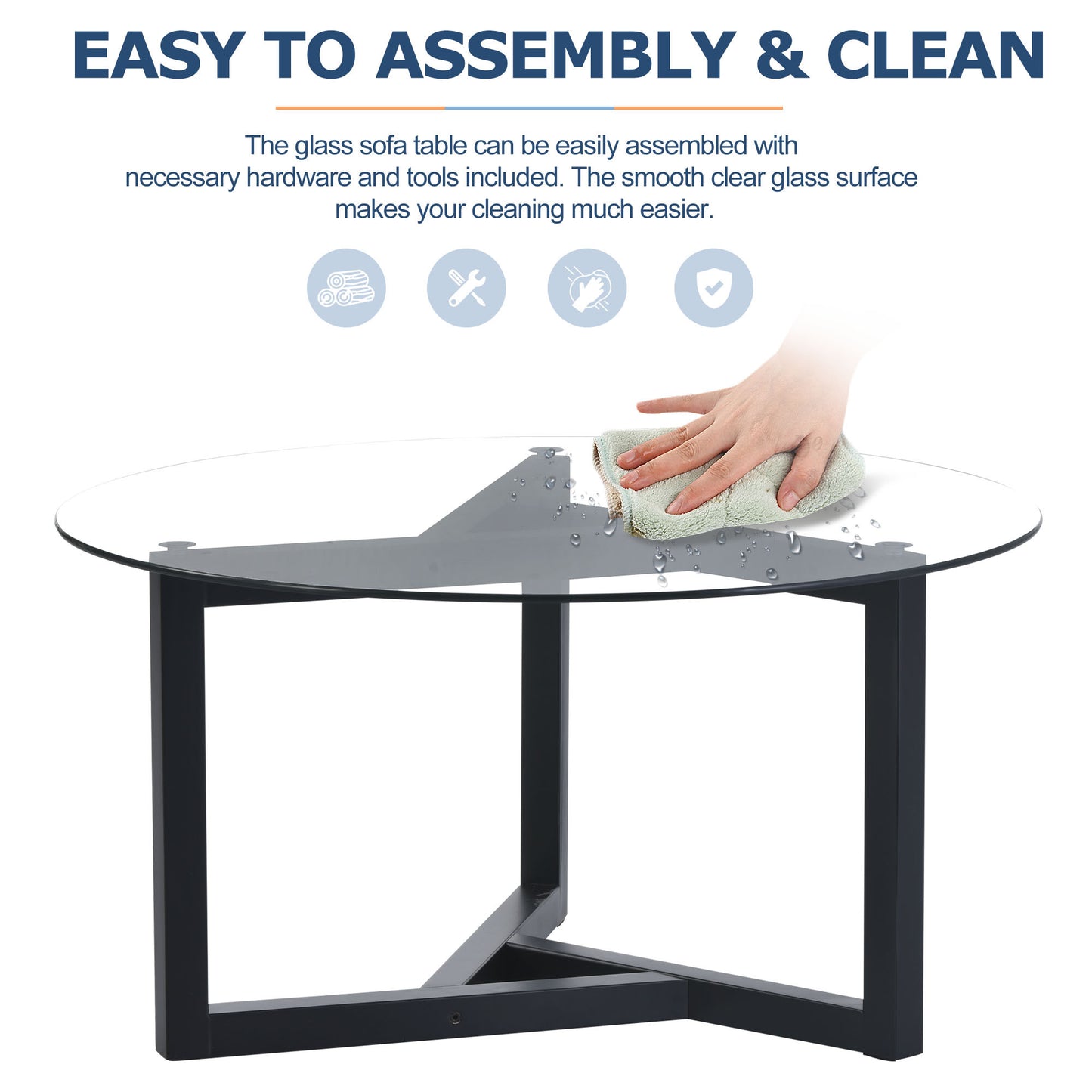 Modern Round Glass Coffee Table - Stylish Cocktail Table with Tempered Glass Top & Sturdy Wood Base - Easy Assembly - Black Finish
